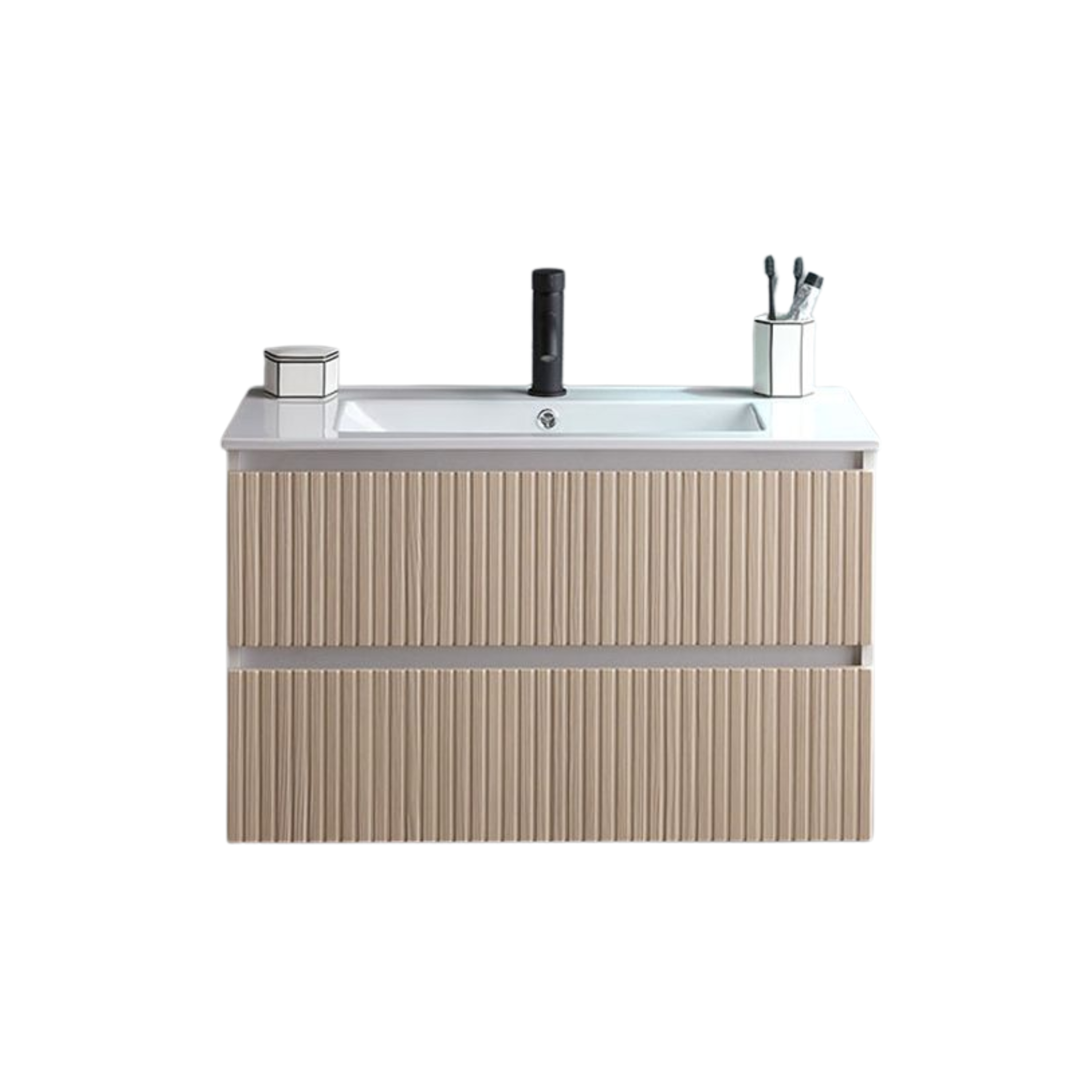 "Santorini" wall-hung bathroom cabinet, 80 cm, white and oak, with ribbed front and ceramic sink
