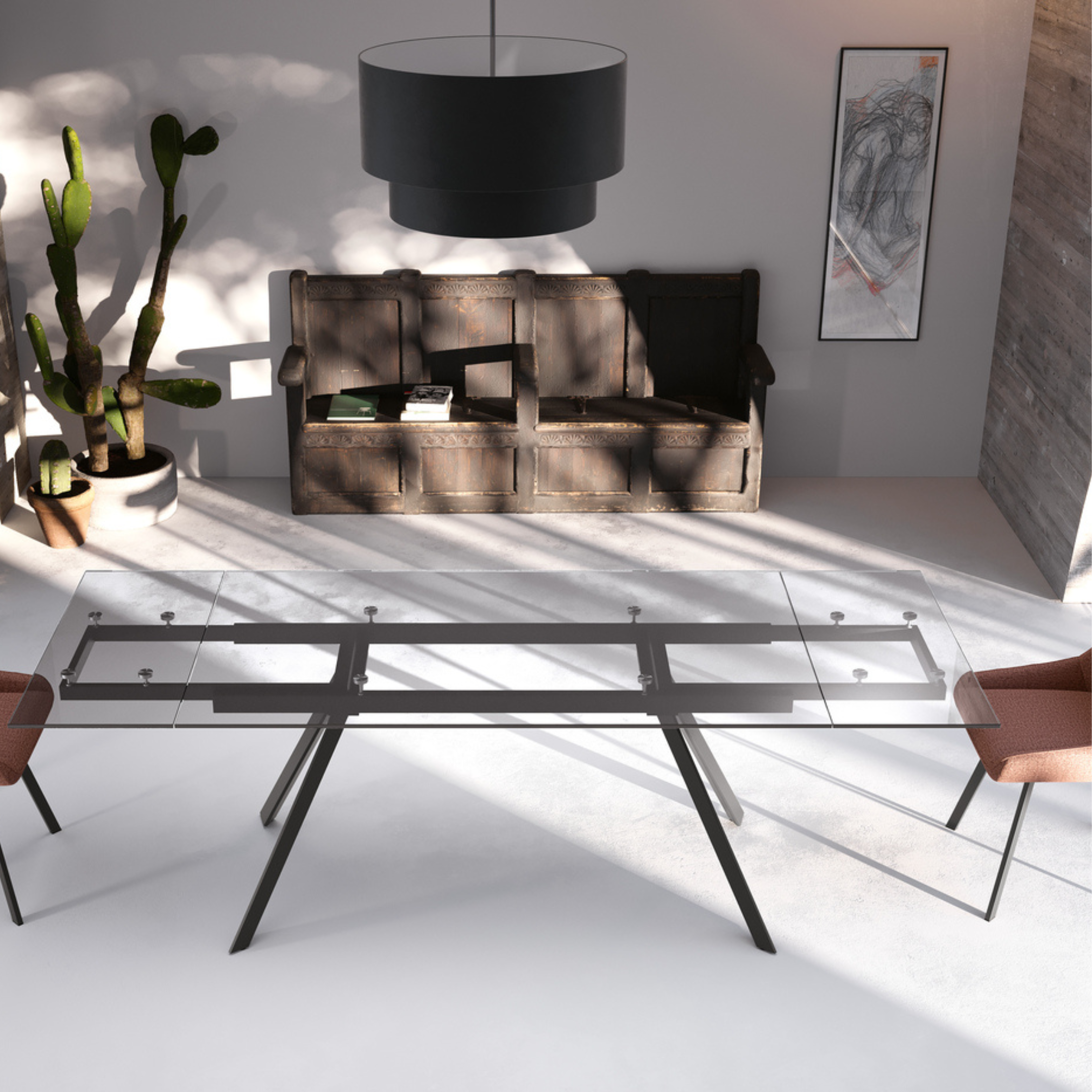 Extendable "Smokey" table with tempered glass top, 160/240x90 cm, h76 cm