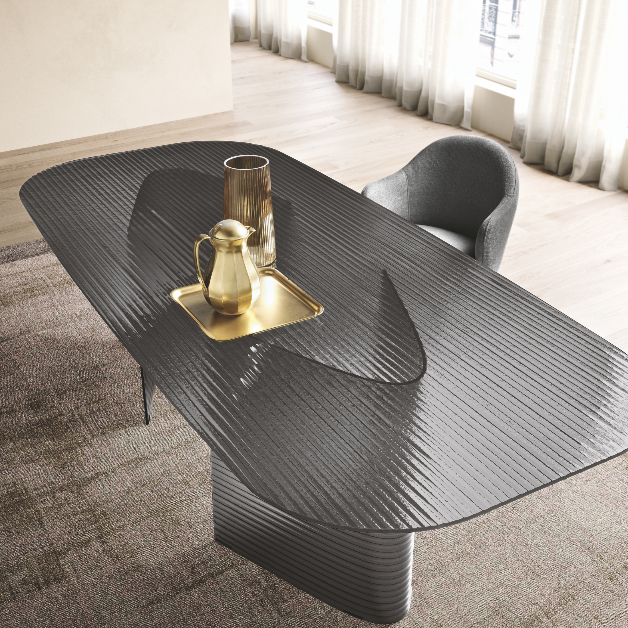 "Lovely" fixed rectangular table, transparent striped with glass legs, 240x120 cm, 77h