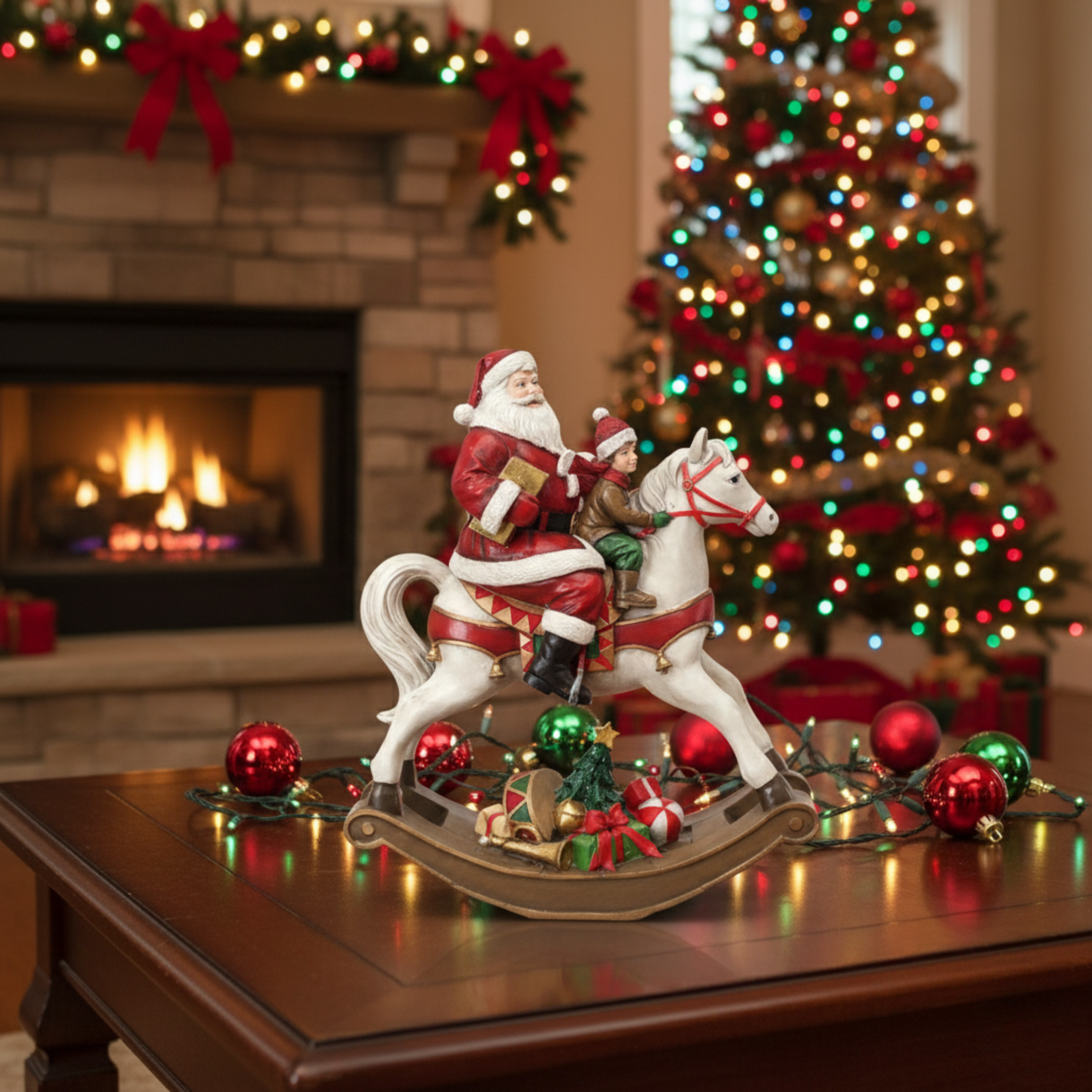 Rocking horse figurine with Santa Claus, Christmas colors, made of polyresin, 18x8 cm, 22h