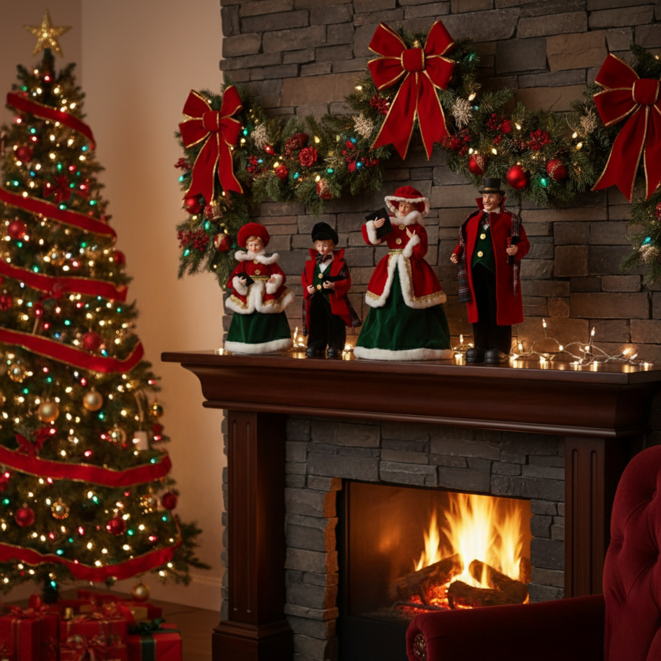 Set of 4 Christmas family pieces in red and green, 30/40 cm high.