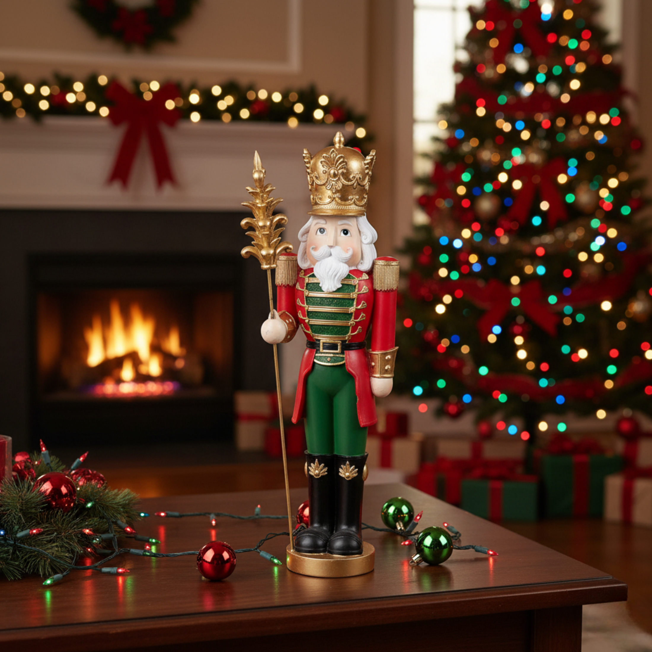 Nutcracker figurine with spear, red and green, resin, 40 cm high
