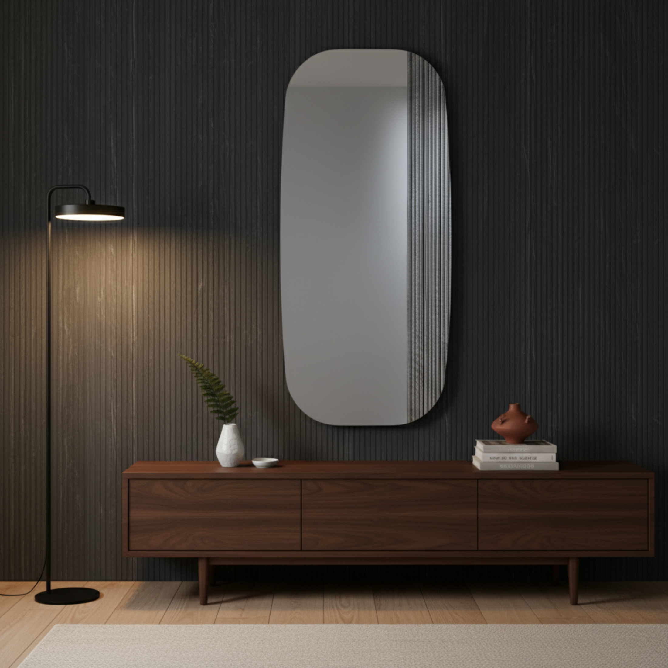 "Axis" modern shaped wall mirror with striped insert