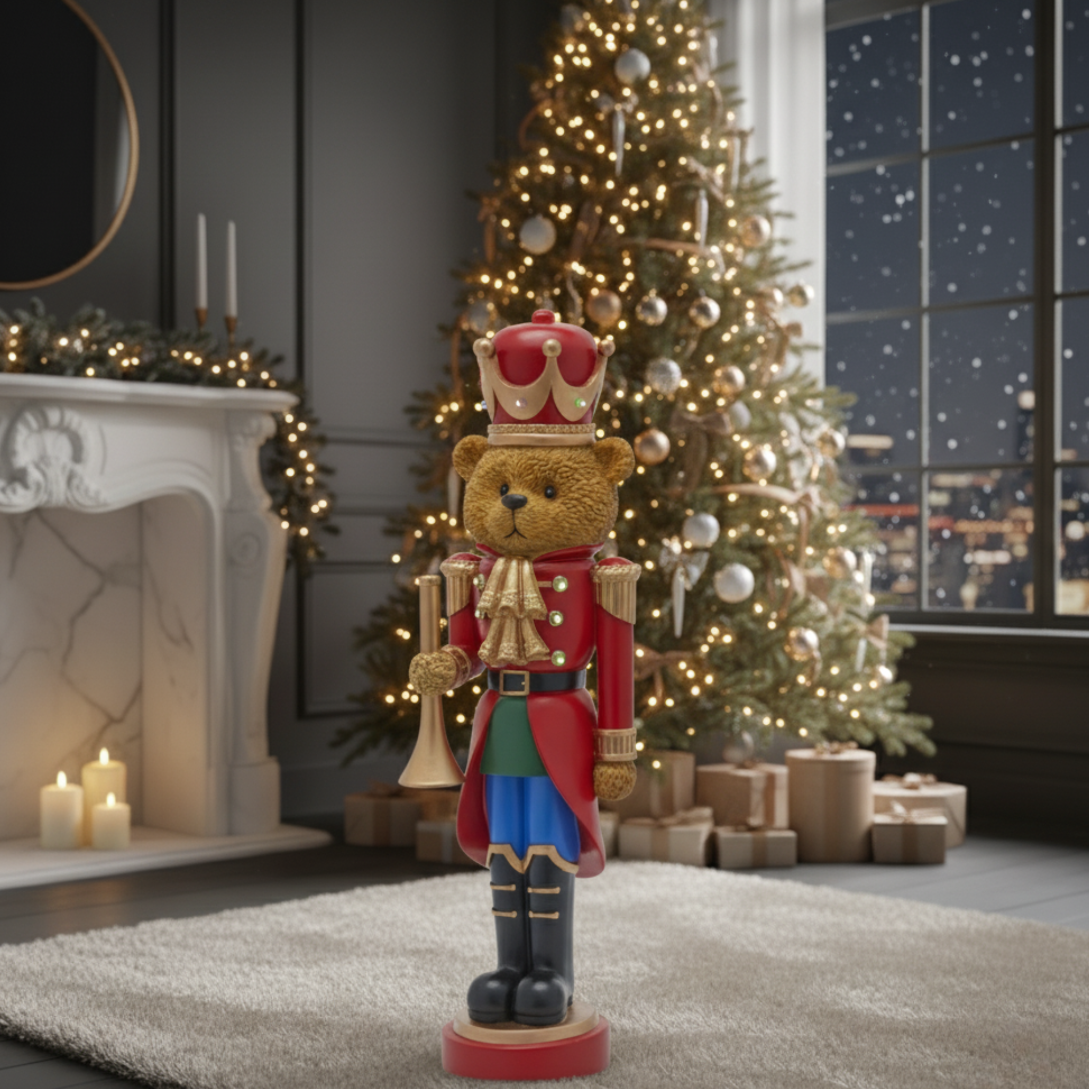 Toy soldier bear with mini LED Christmas decoration, 46 cm high.