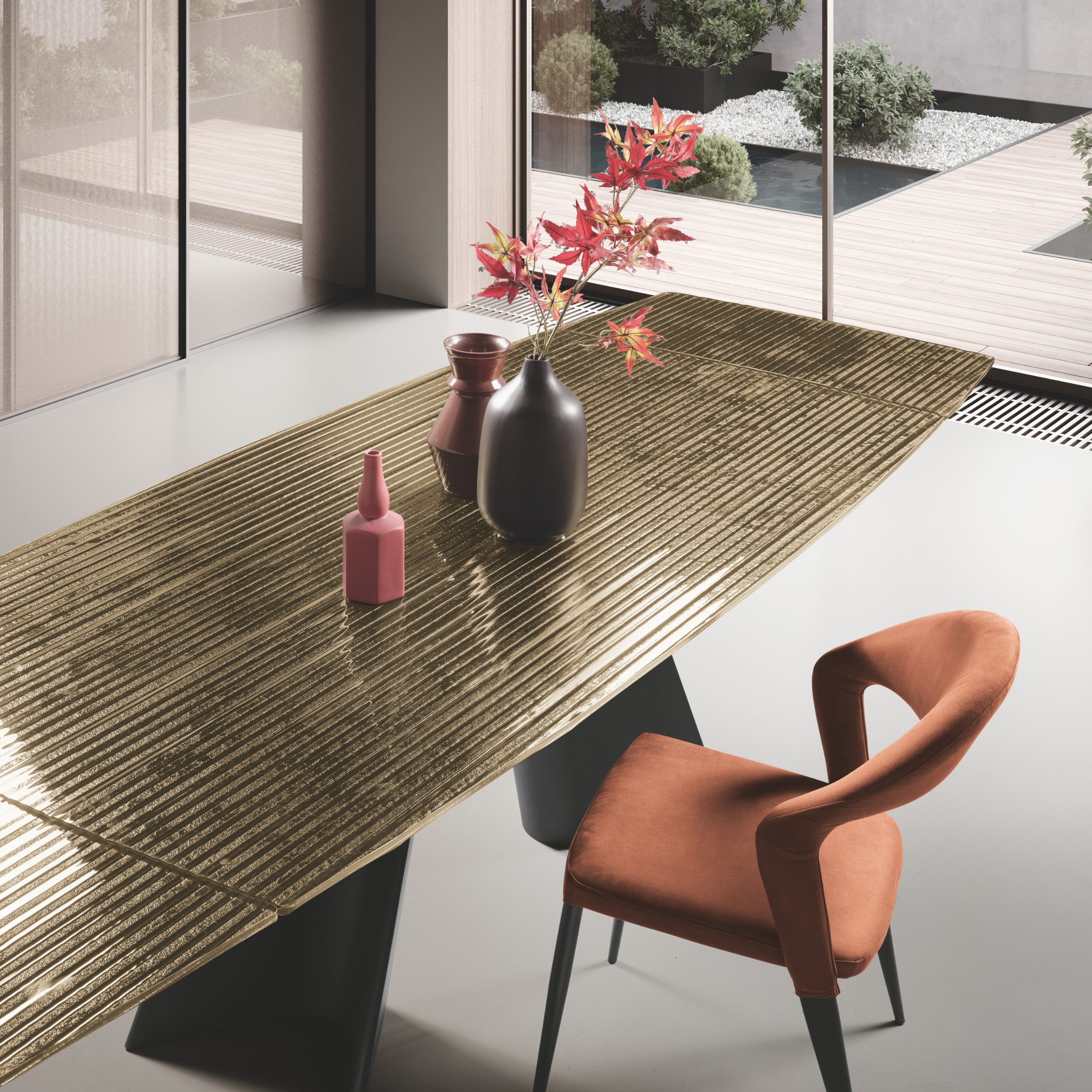 Extendable "Maya" modular table in ribbed glass with back-silvered finish and metal base, 200/286x100 cm, 77 cm high