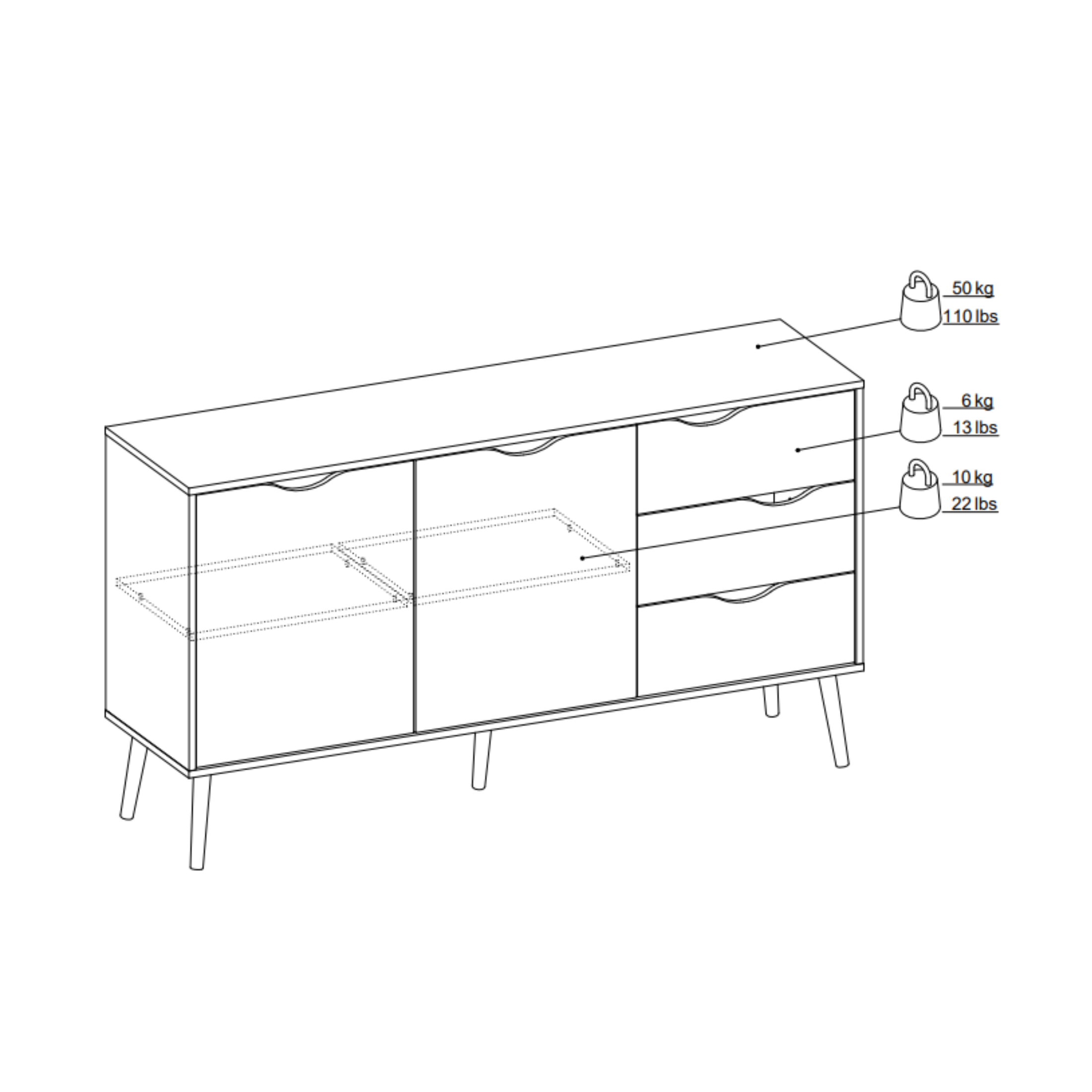 "Oslo" wooden sideboard with drawers for living room, white oak, 147x39 cm, 91h