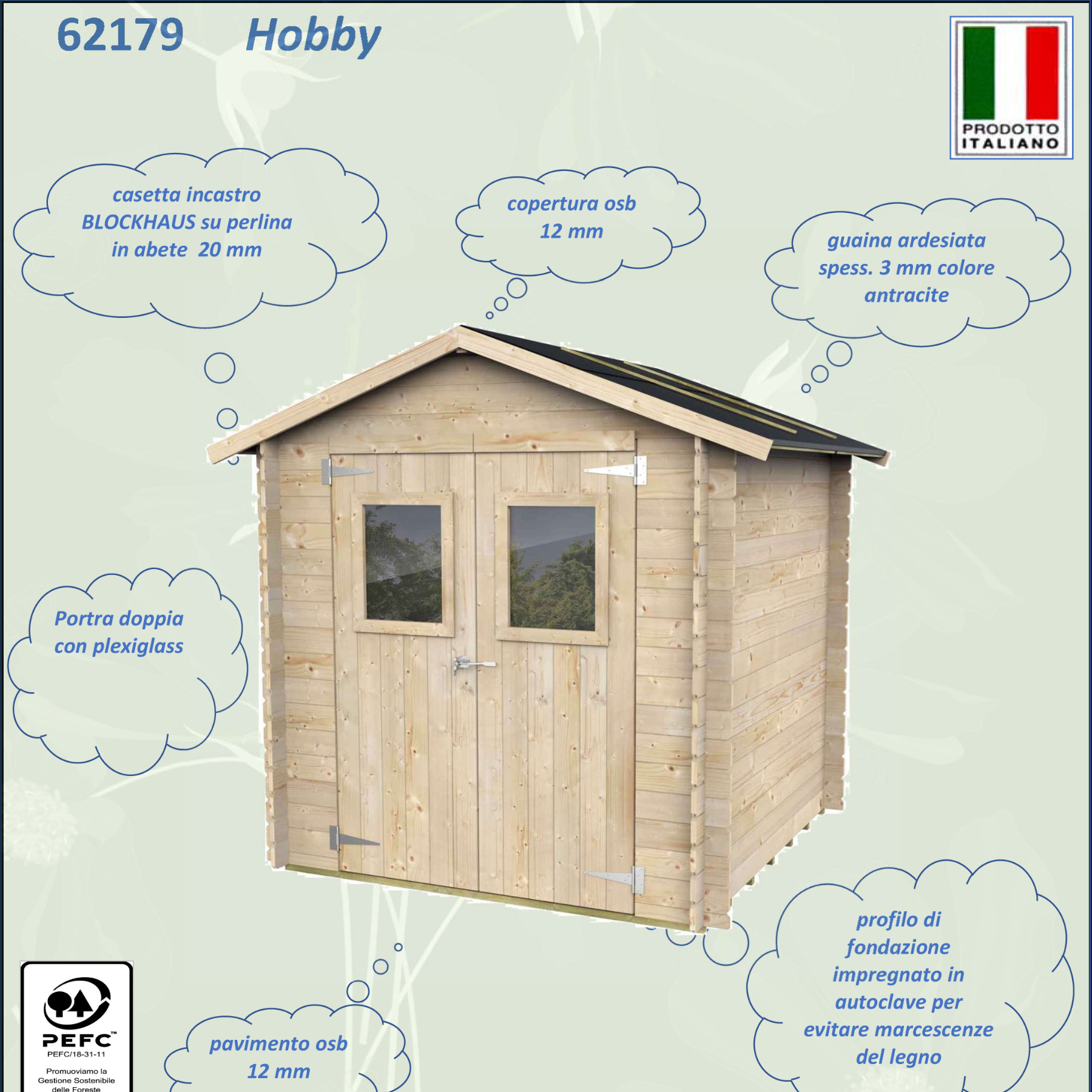 "Hobby" wooden garden shed with double French doors, 200x200 cm, 200 cm high