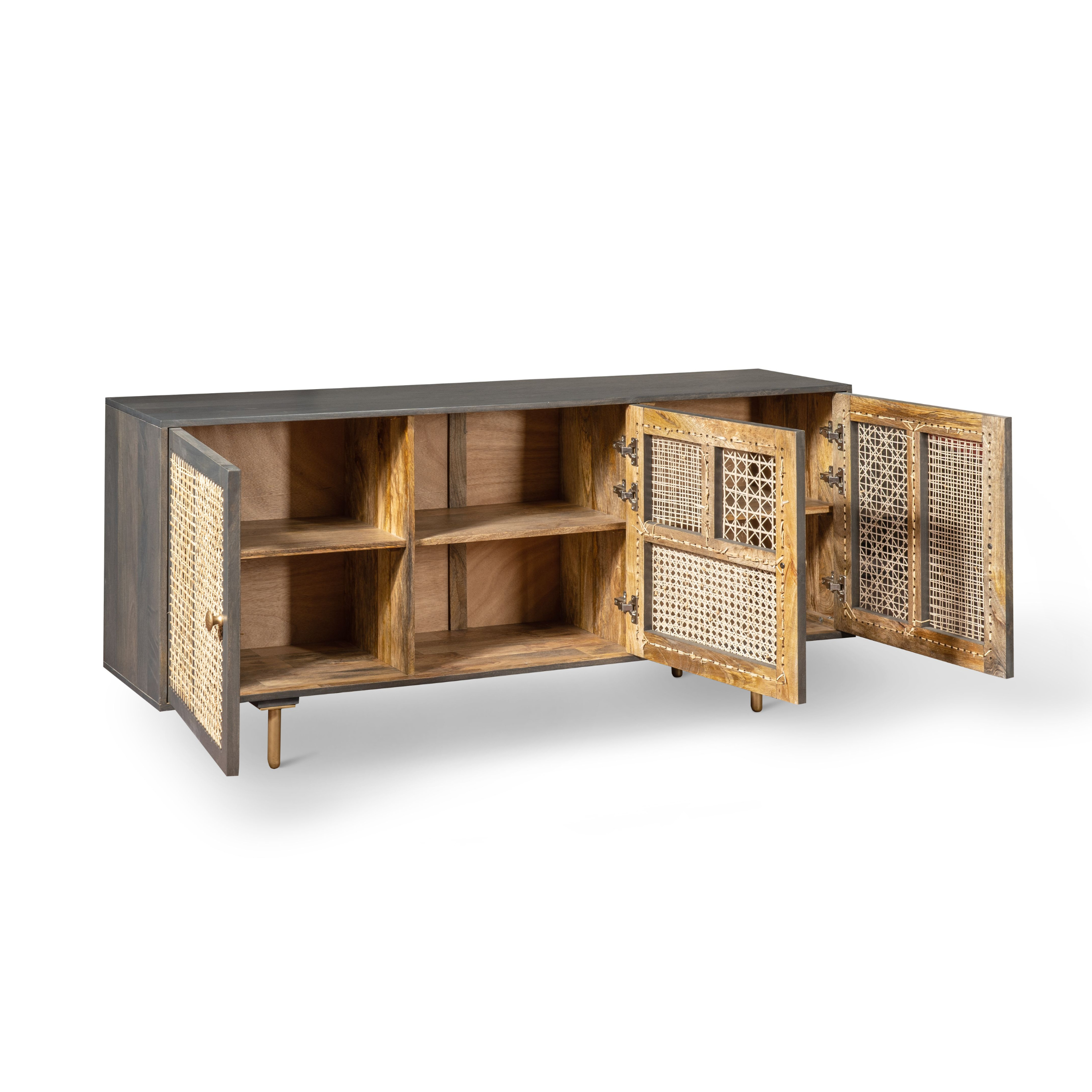 "Ryan" design sideboard in mango wood and rattan with 3 doors, 160x38 cm, 75 cm high.