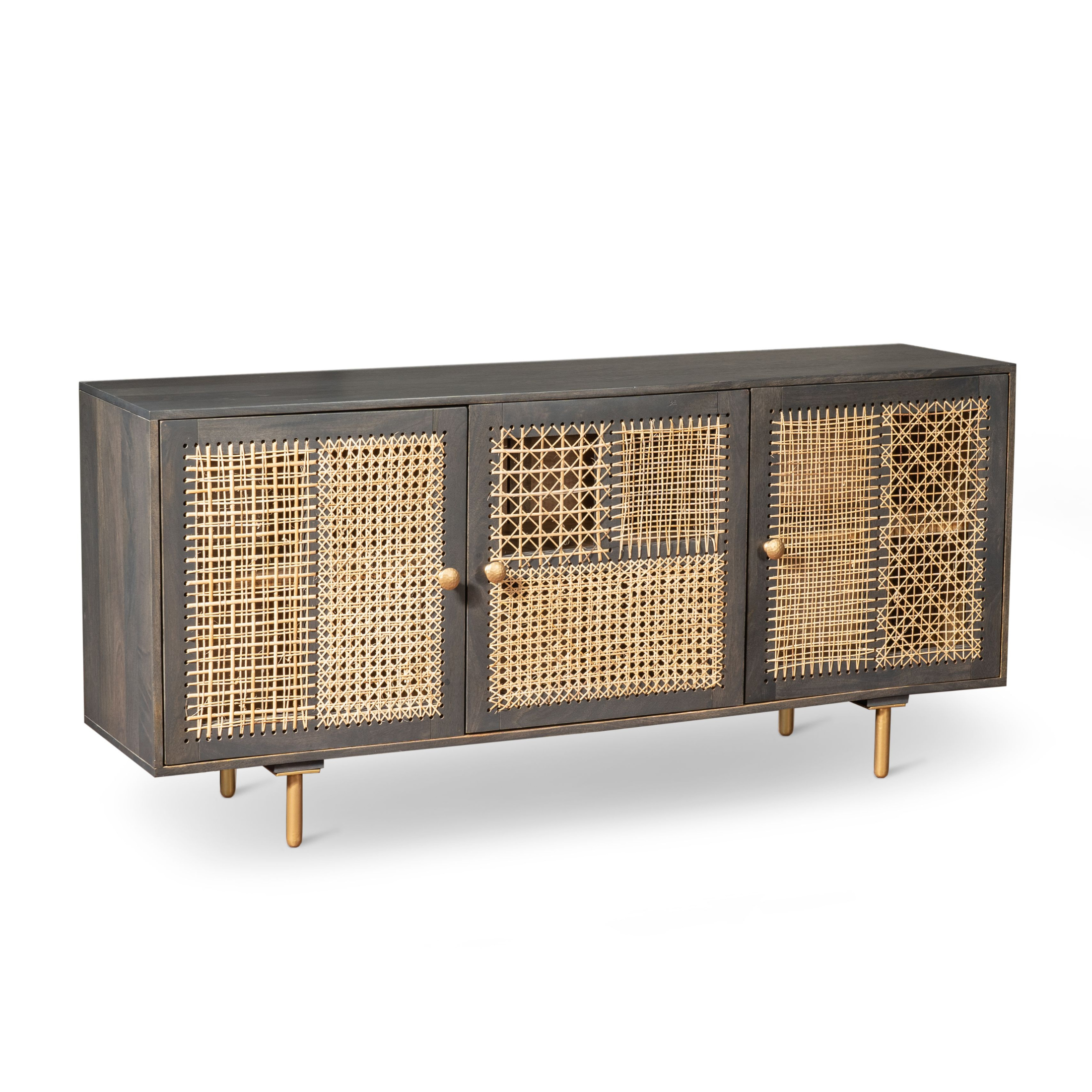 "Ryan" design sideboard in mango wood and rattan with 3 doors, 160x38 cm, 75 cm high.