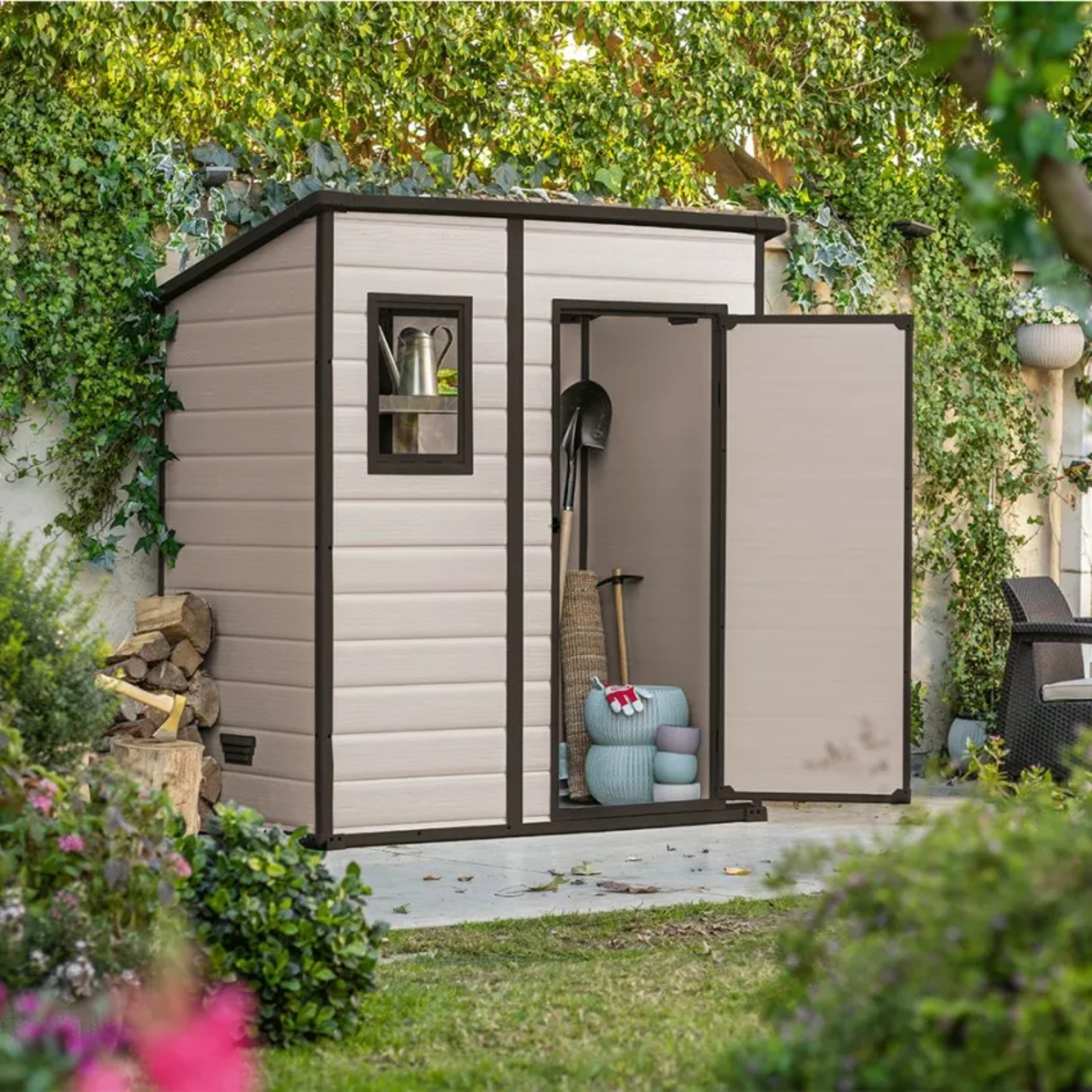 Beige wood-effect "Coffee" garden shed with front window
