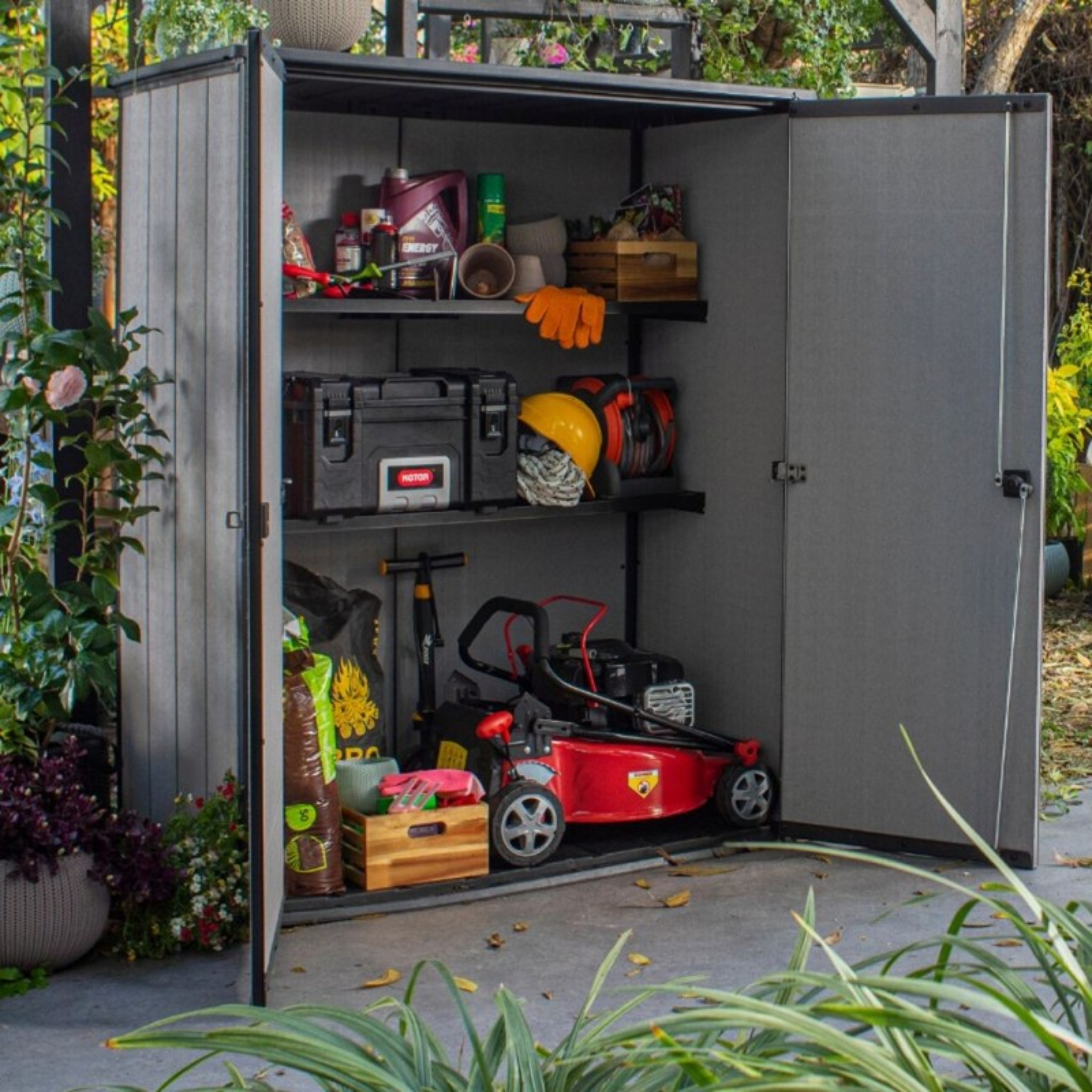 "Compact" outdoor tool cabinet with 2 shelves, 140x73.6 cm, 170.4 cm high