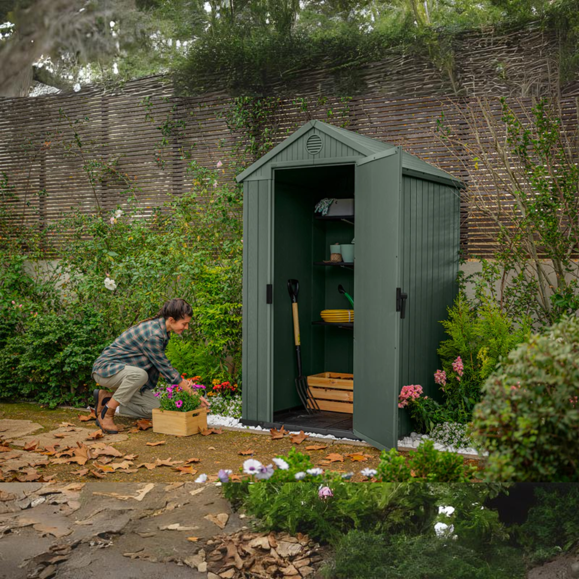 "Serenity" resin garden shed with a green wood-effect shed