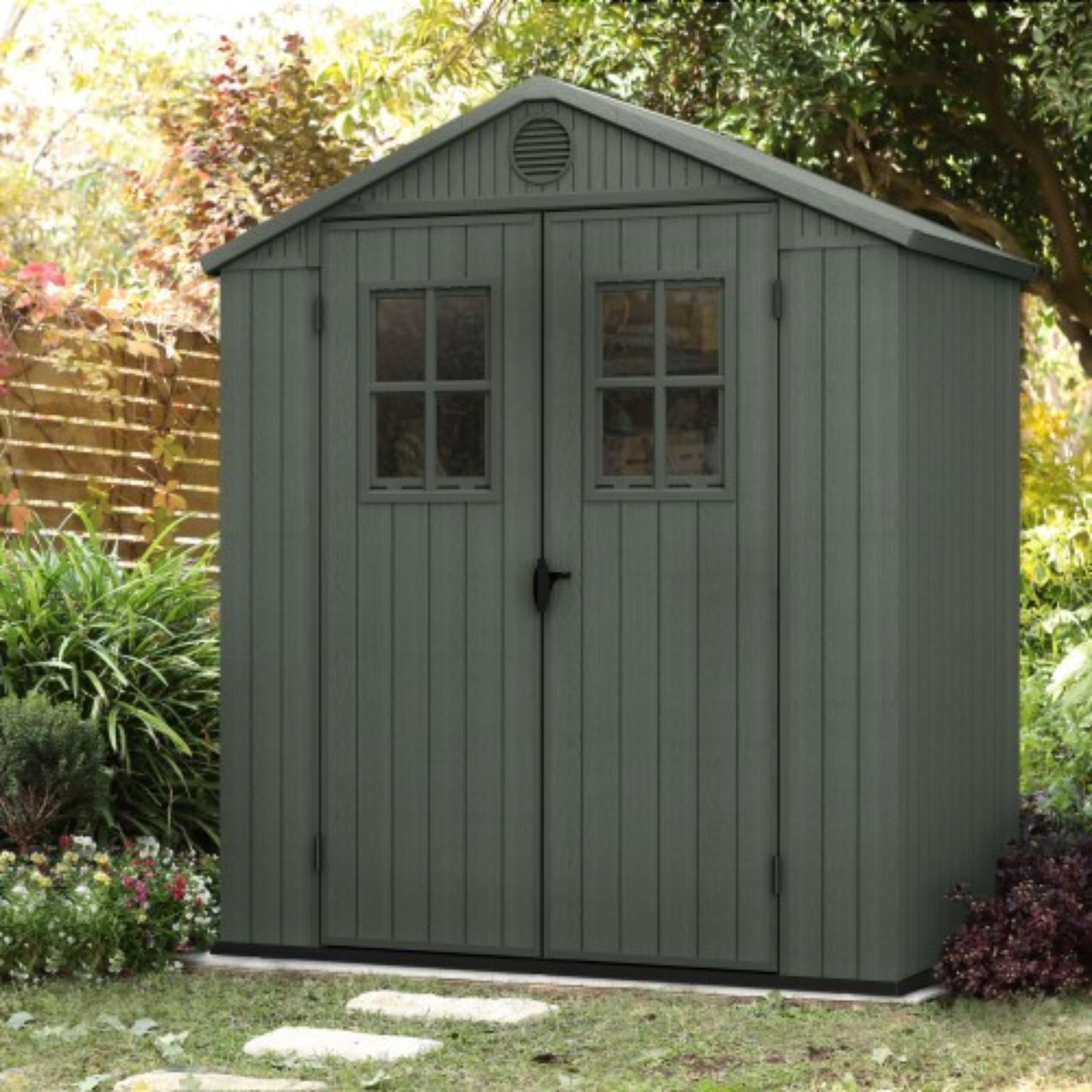 "Oasis" wood-effect resin garden house with two windows