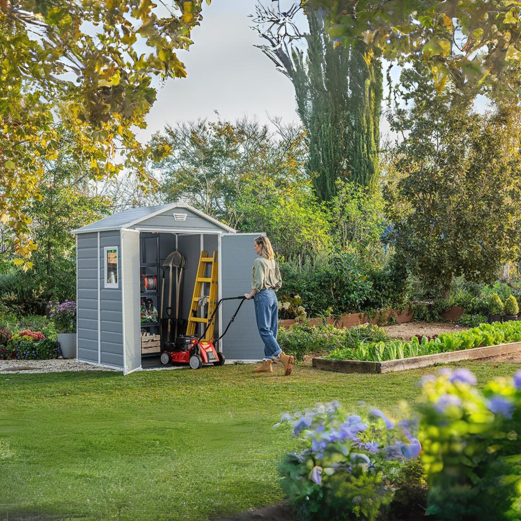 "Wood1" grey resin garden shed with 1 side window
