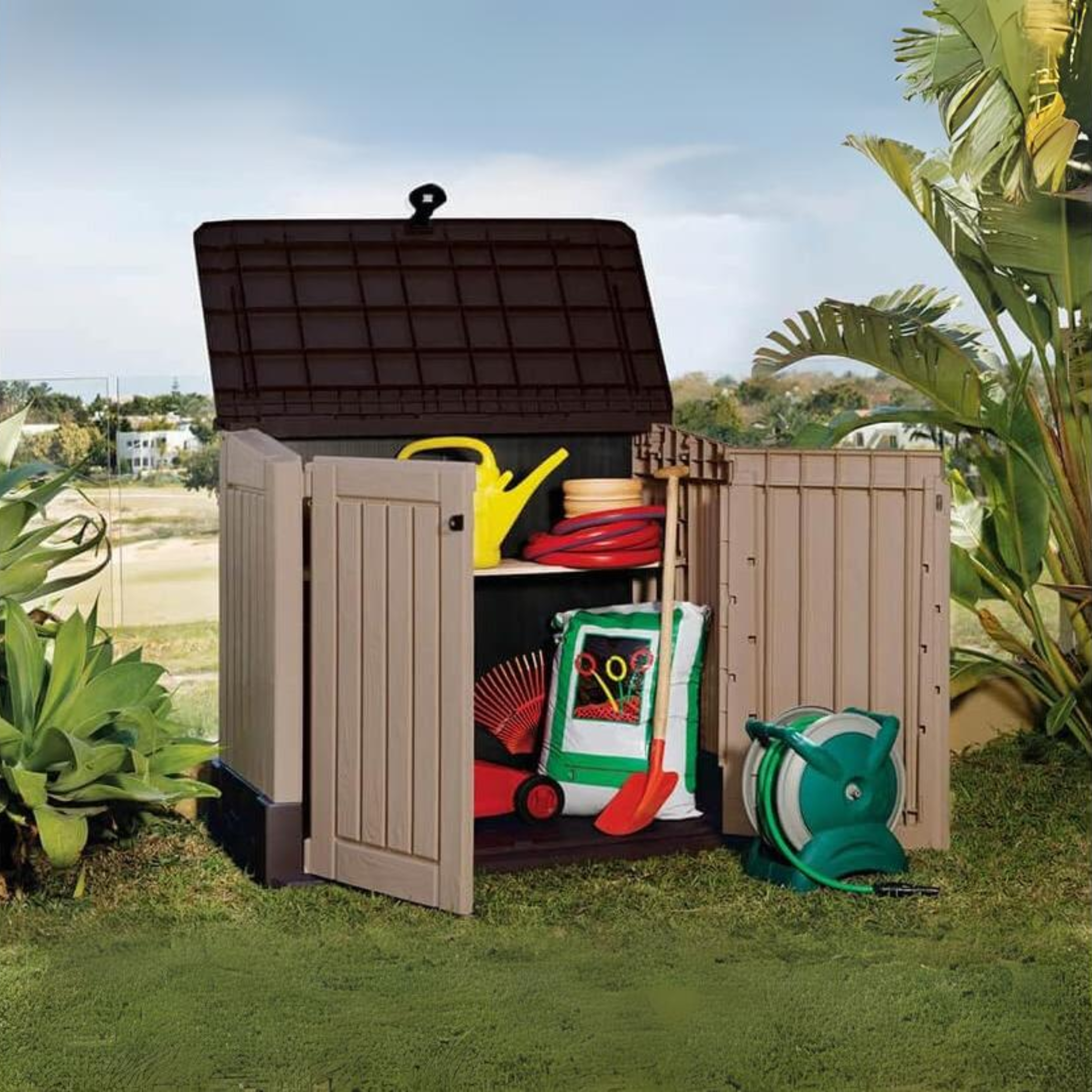 "Midi" beige outdoor resin trunk with wood effect, 132x71.5 cm, 113.5 cm high