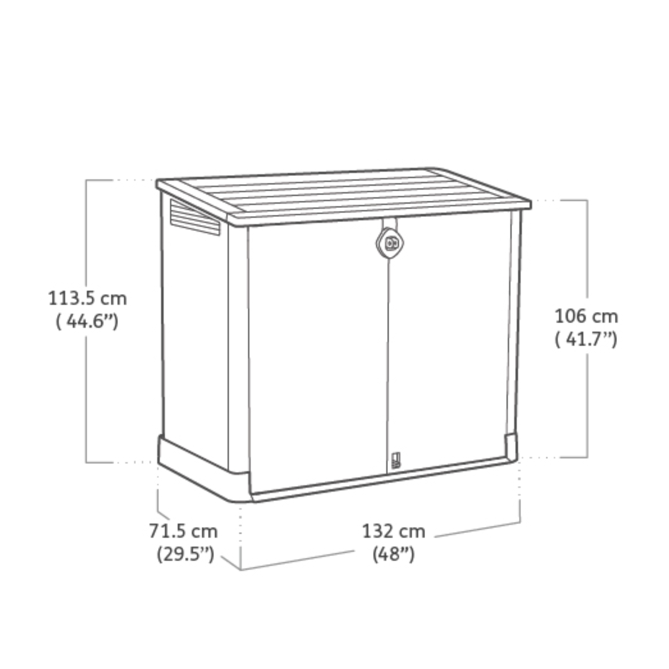 "Midi" beige outdoor resin trunk with wood effect, 132x71.5 cm, 113.5 cm high