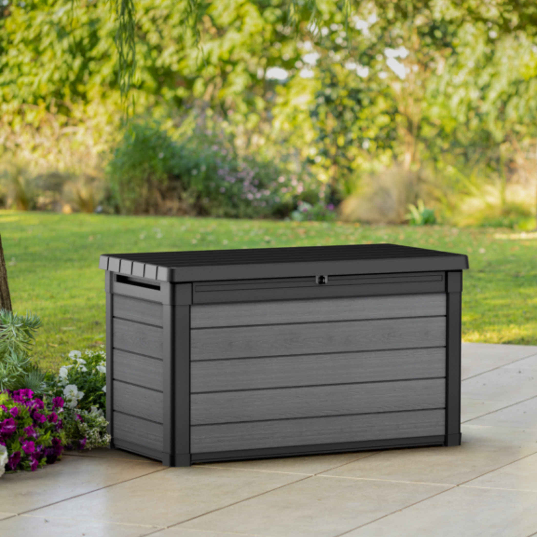 "Cortina" black resin outdoor trunk with wood effect, roomy 122.9x62.1 cm, 70.6h