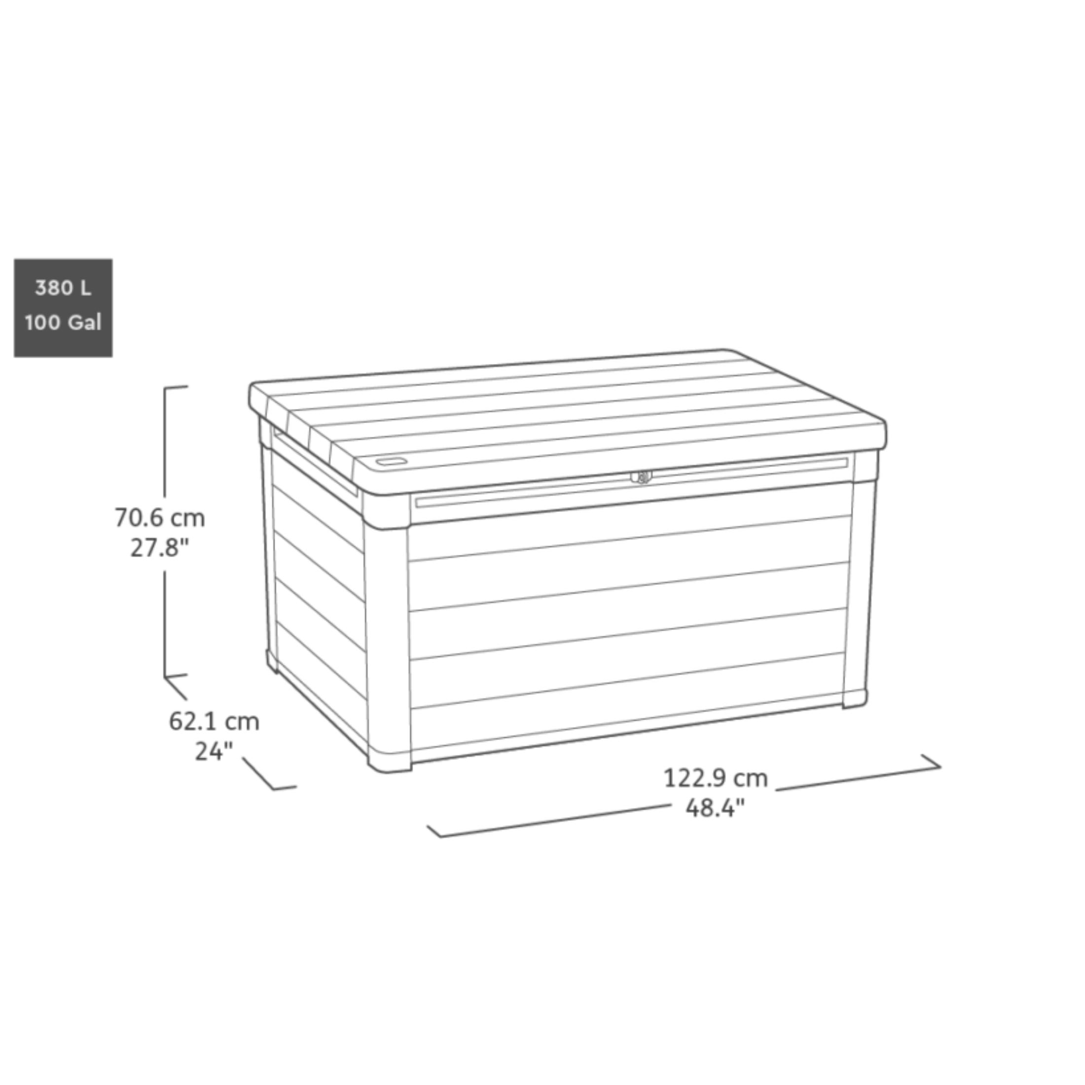 "Cortina" black resin outdoor trunk with wood effect, roomy 122.9x62.1 cm, 70.6h