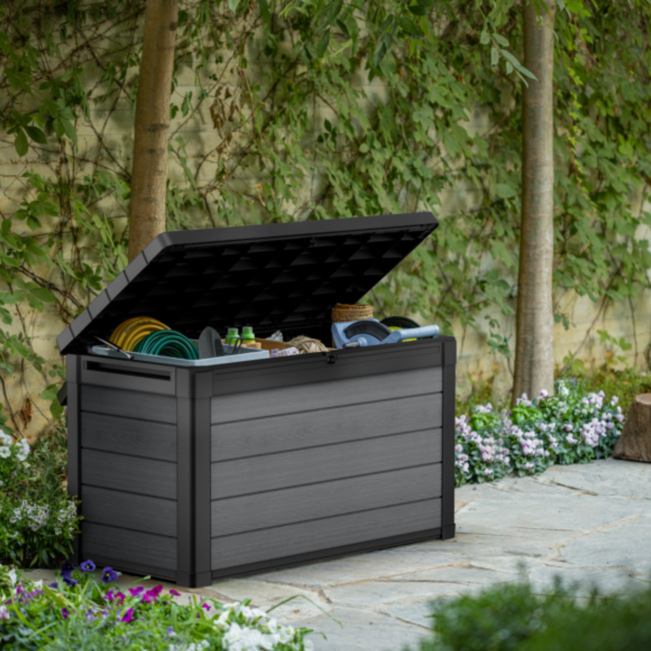 "Cortina" black resin outdoor trunk with wood effect, roomy 122.9x62.1 cm, 70.6h