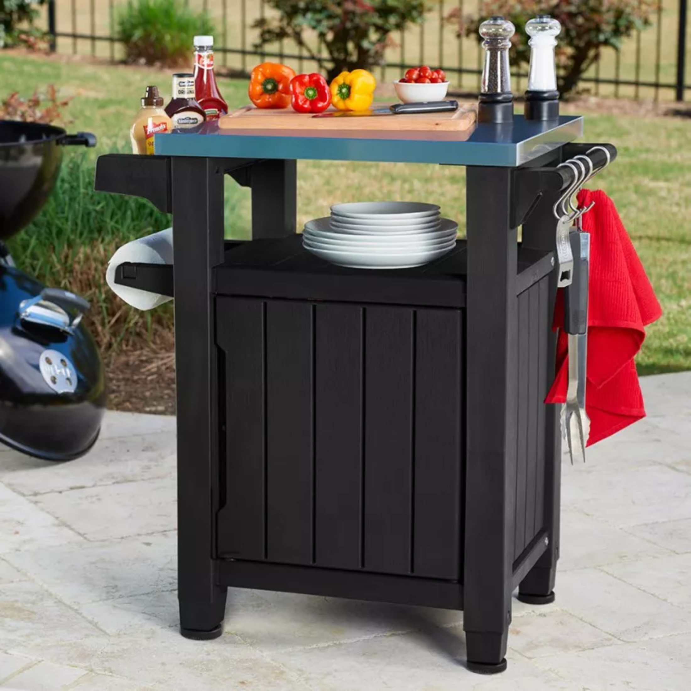 "Unity" wood-effect table for BBQ, 1 door, 2 wheels, 70x54 cm, 90 cm high