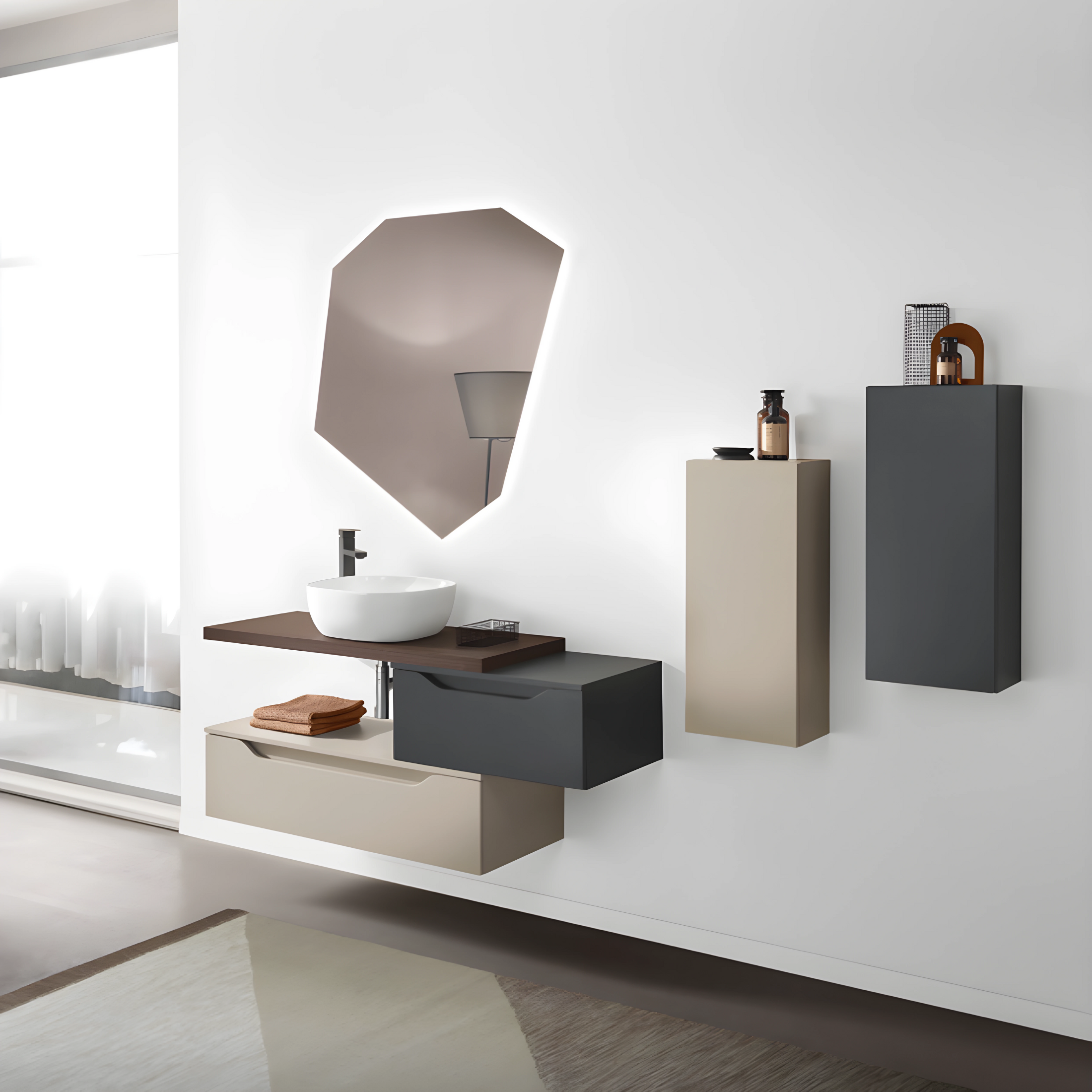 "Omar" wall-hung bathroom cabinet with 2 drawers and top with countertop sink and LED mirror