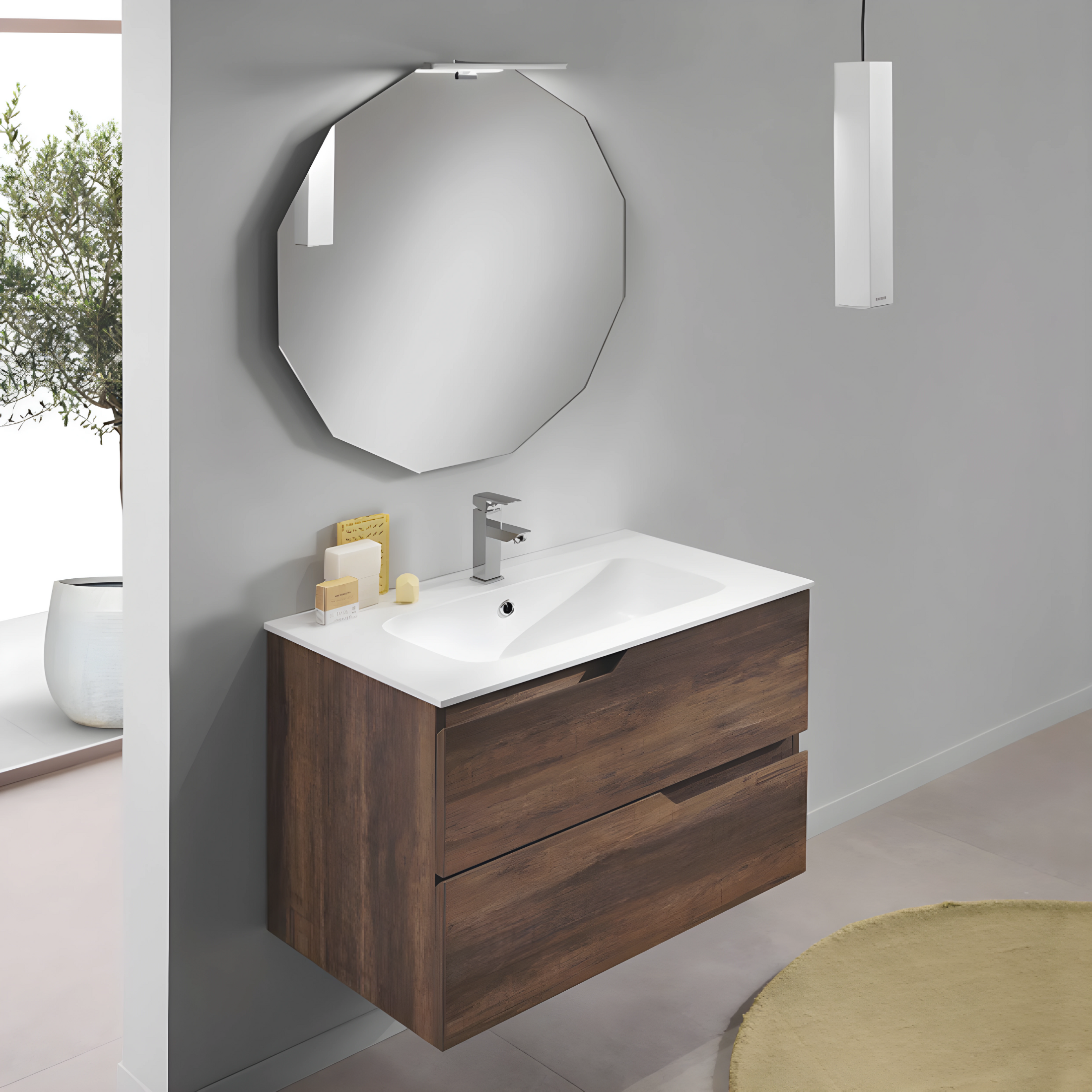 "Cuba" suspended bathroom cabinet with 2 drawers, 80 cm, with mirror column and TEK washbasin