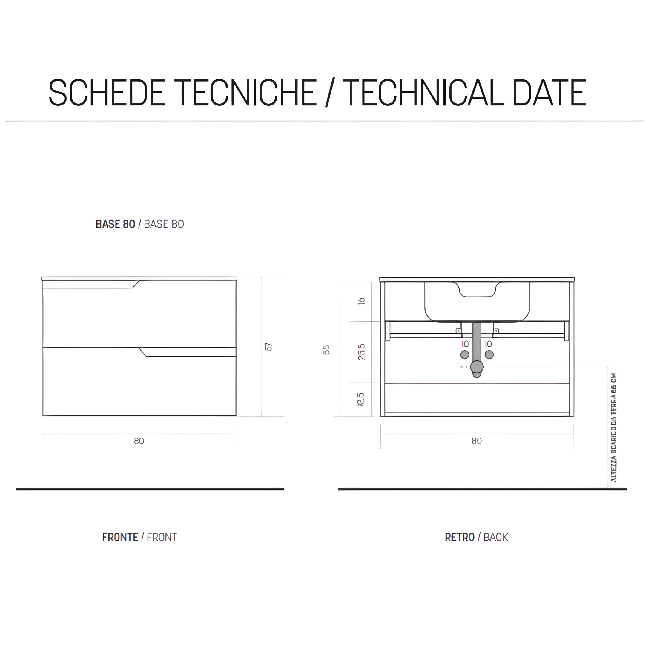 "Cuba" suspended bathroom cabinet with 2 drawers, 80 cm, with mirror column and TEK washbasin