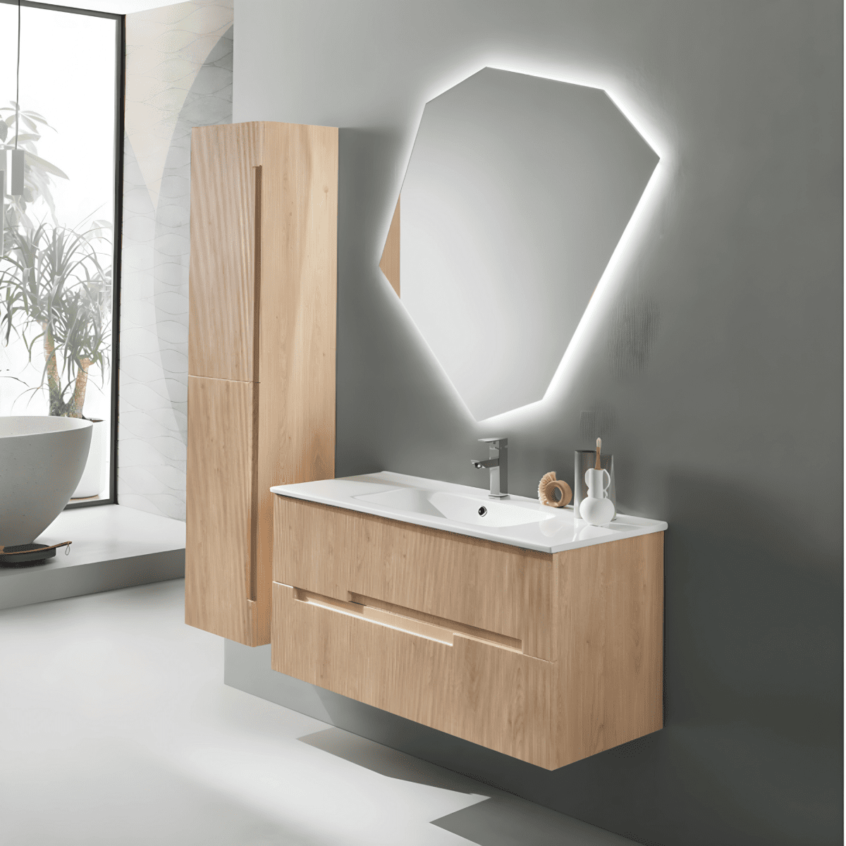 Mobile da bagno in legno "Eliot" con 2 cassetti lavabo e colonna sospesa - MondoViro