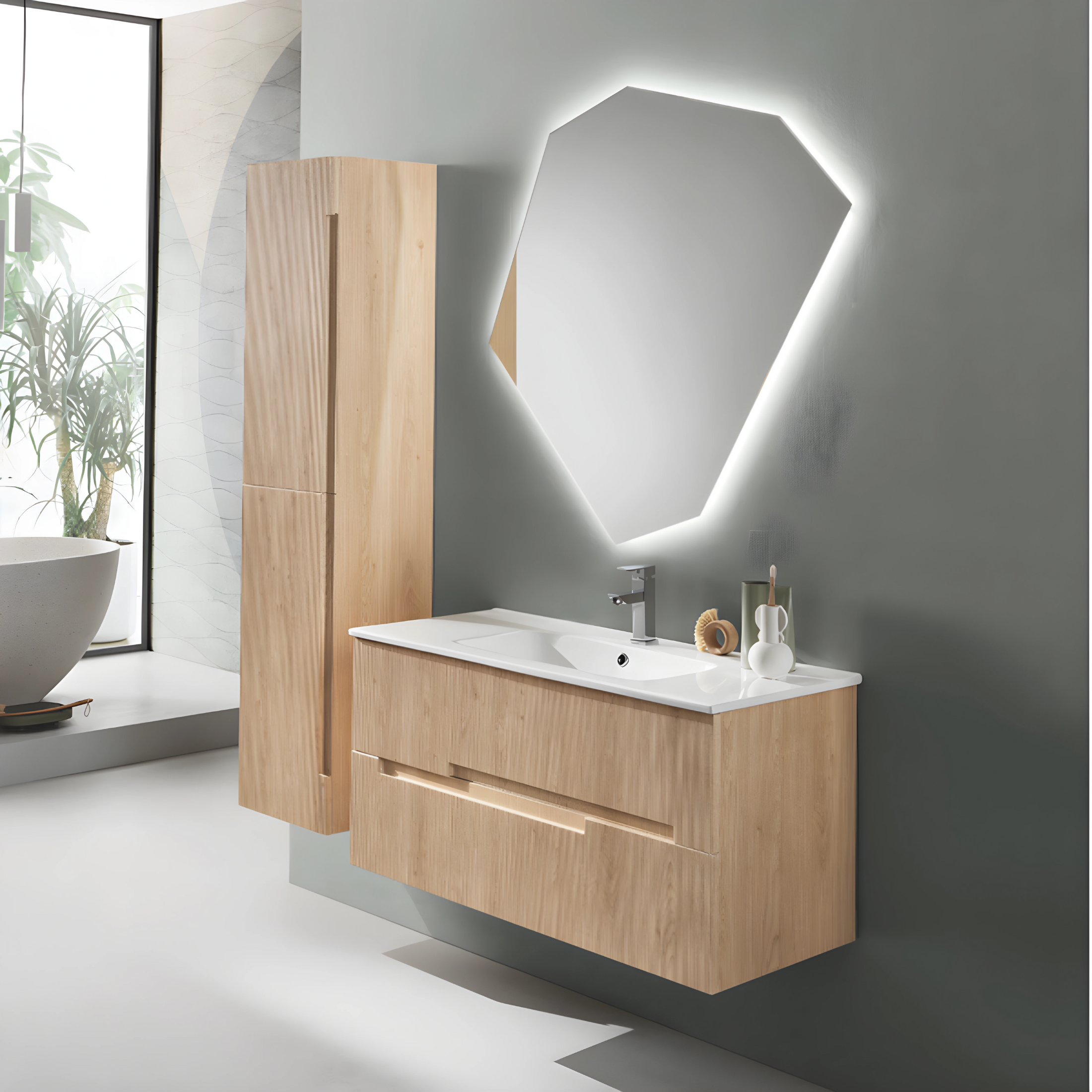 "Eliot" wooden bathroom cabinet with 2 sink drawers and suspended column