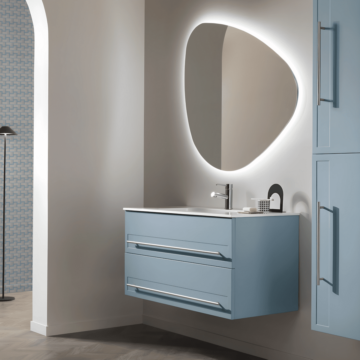 Mobile da bagno in legno 2 cassetti "Denim100" con lavabo e specchio Led - MondoViro