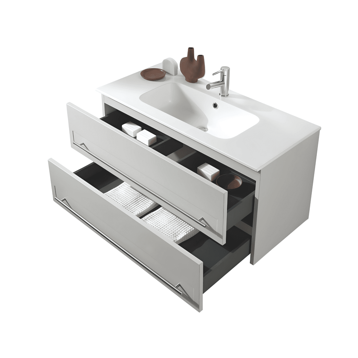 Mobile da bagno sospeso "Nemo" con 2 cassetti lavabo specchio Led e colonna sospesa - MondoViro