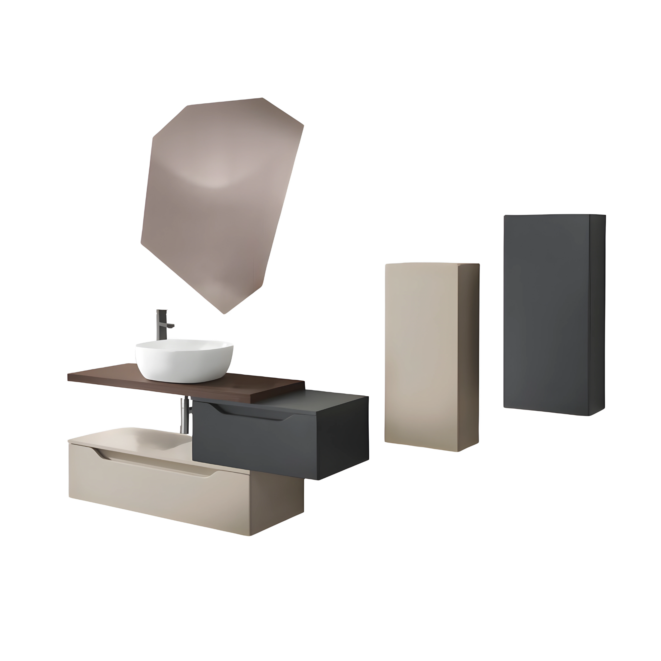 Mobile da bagno sospeso "Omar" 2 cassettoni e top con lavabo da appoggio e specchio LED