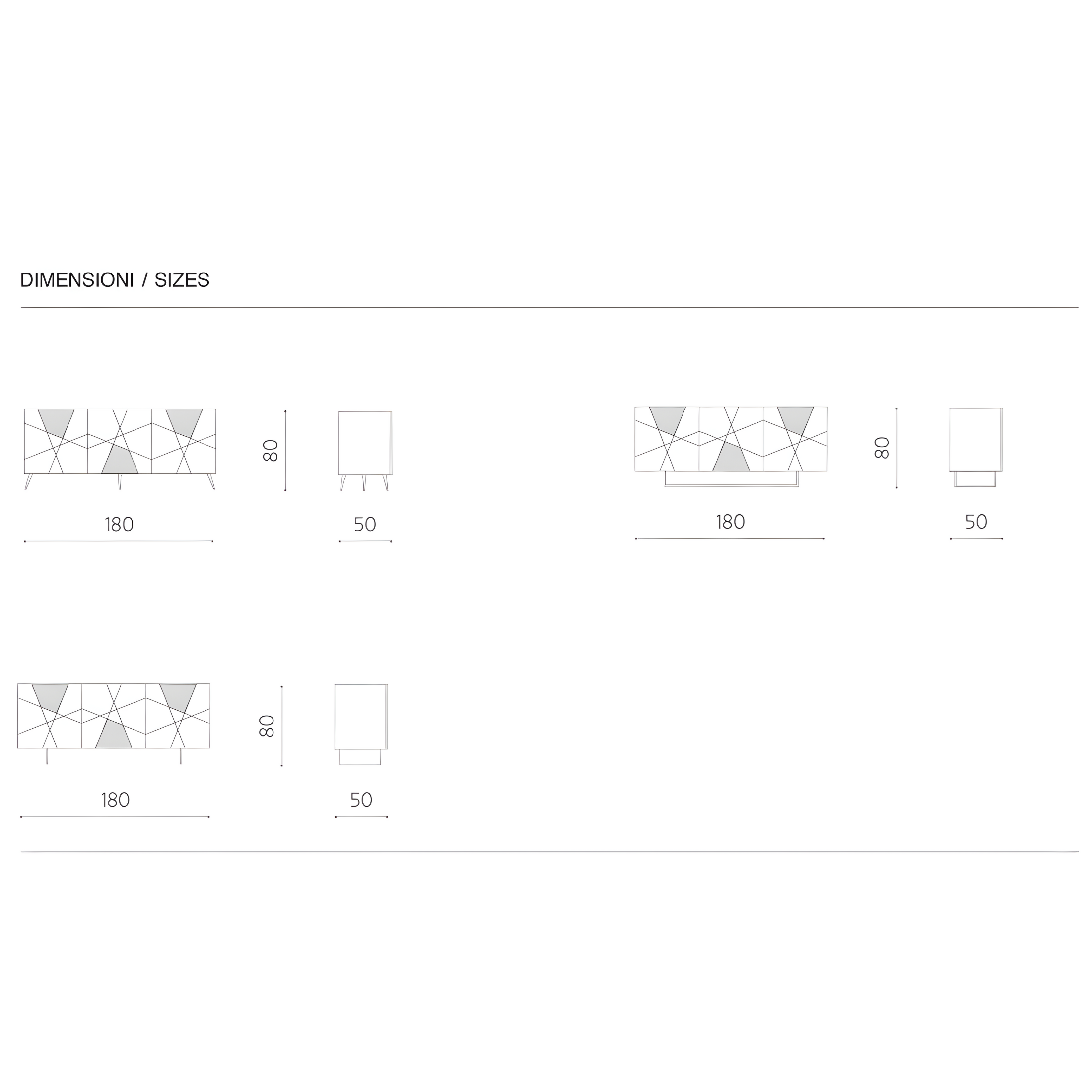Modern 3-door "Adelaide" sideboard in wood with marble-effect glass inserts, 180x50 cm, 80 cm high
