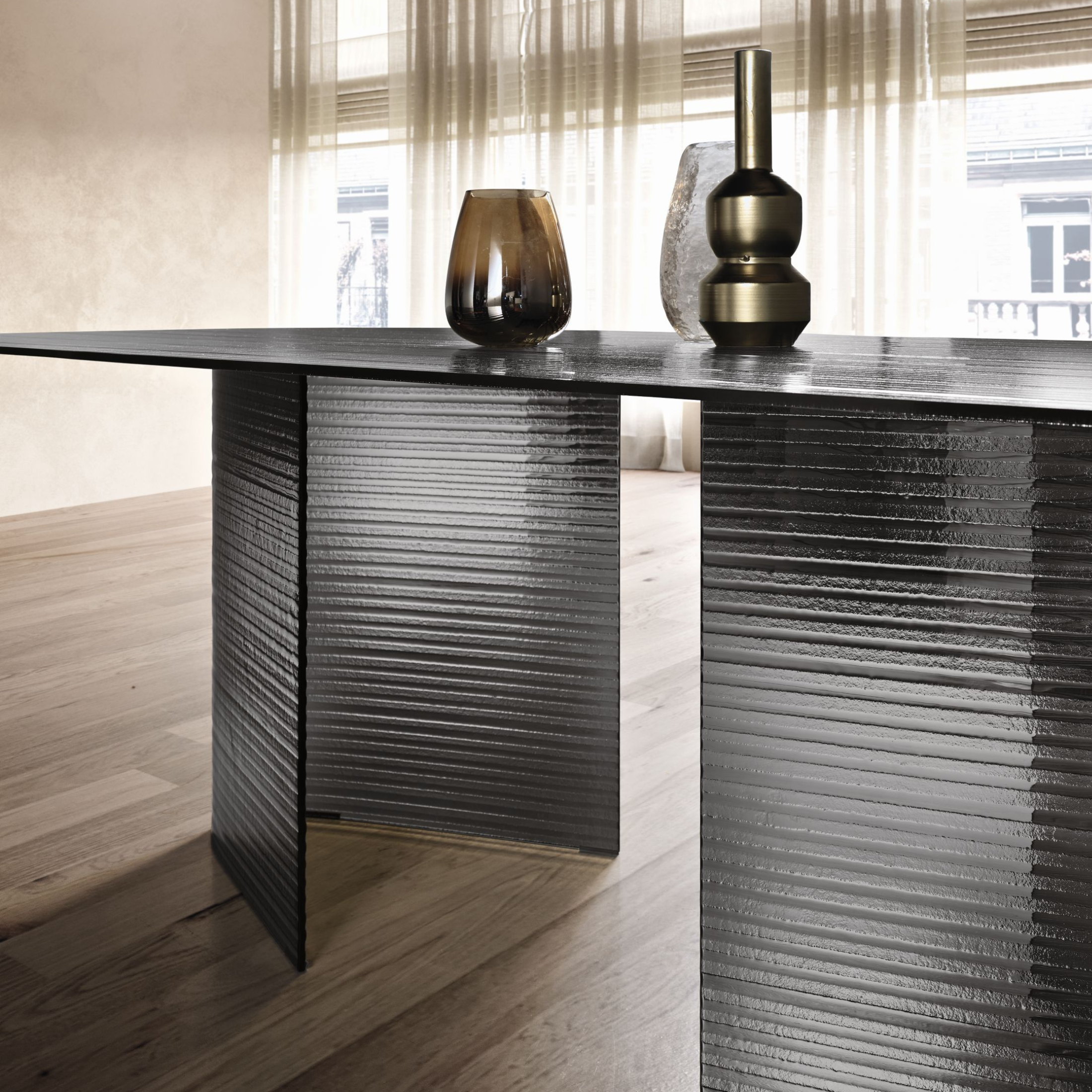 "Lovely" fixed rectangular table, transparent striped with glass legs, 240x120 cm, 77h