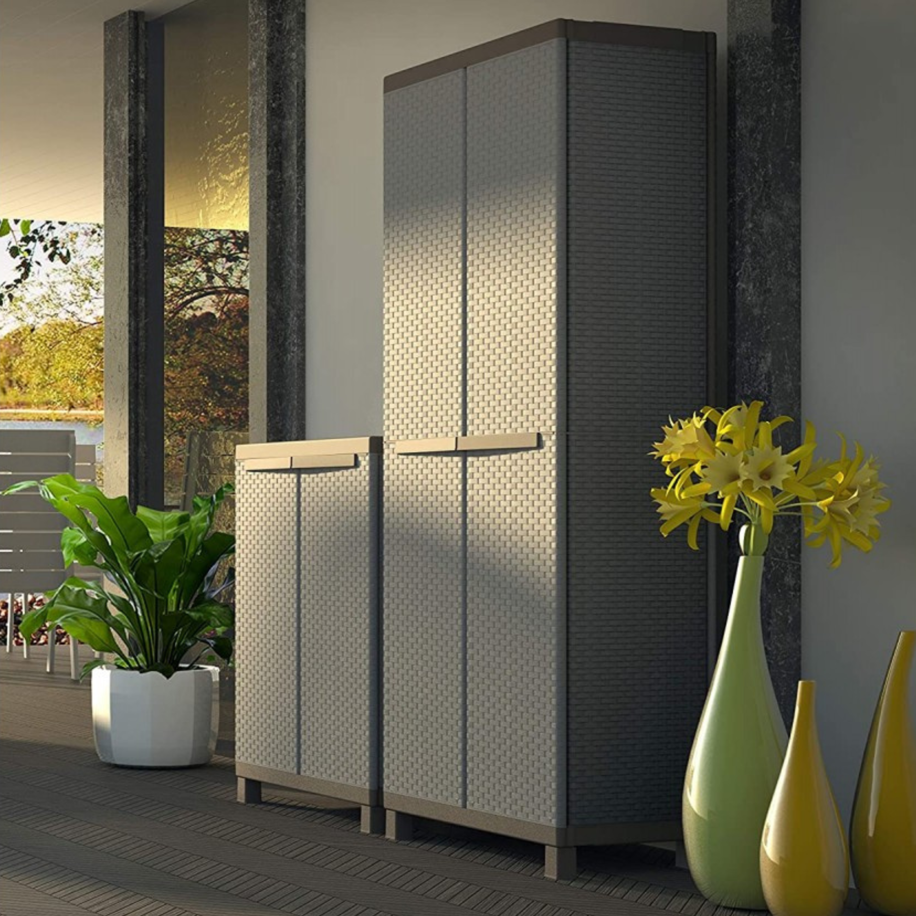 "Dask" polypropylene wardrobe with dove grey rattan finish and adjustable shelves