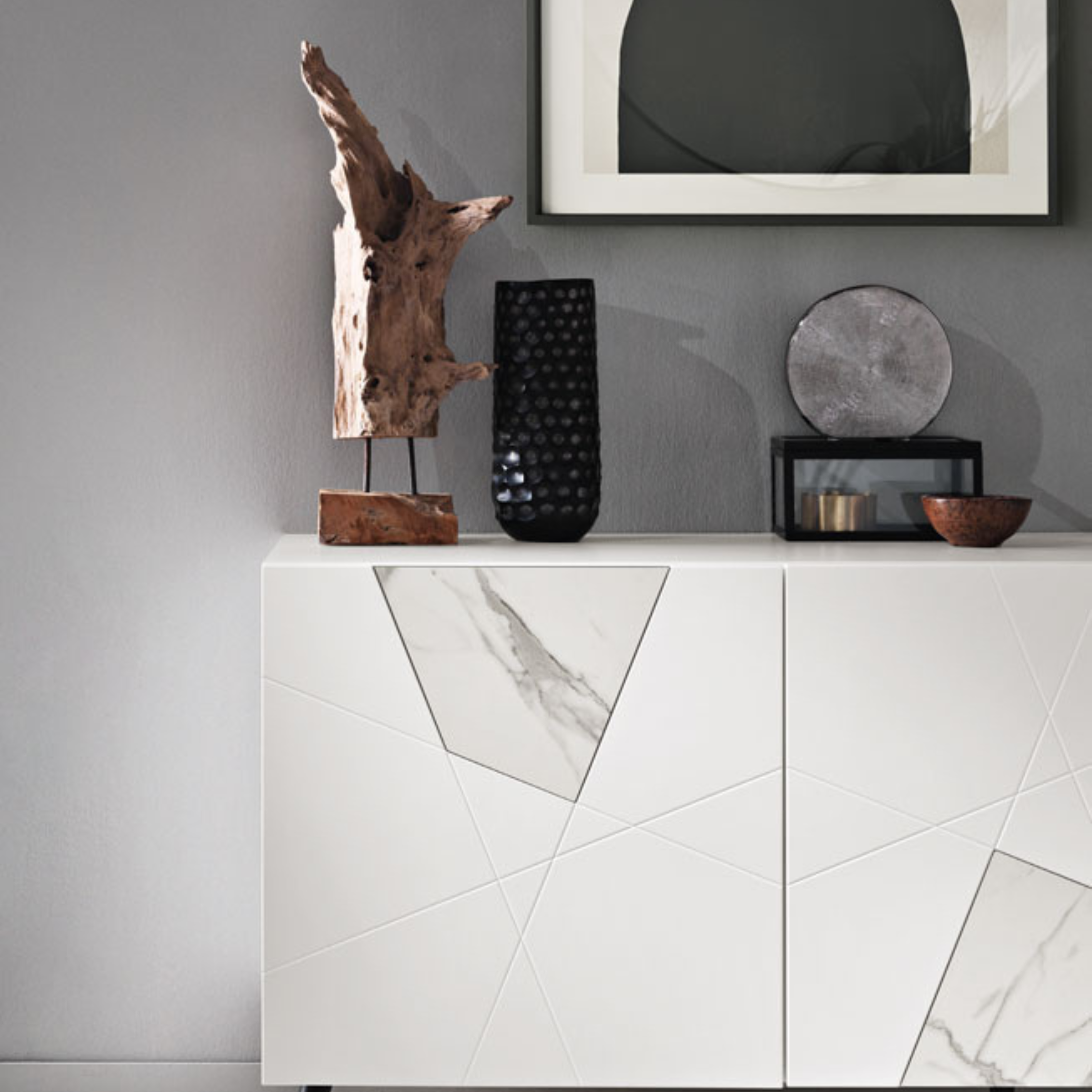 Modern 3-door "Adelaide" sideboard in wood with marble-effect glass inserts, 180x50 cm, 80 cm high