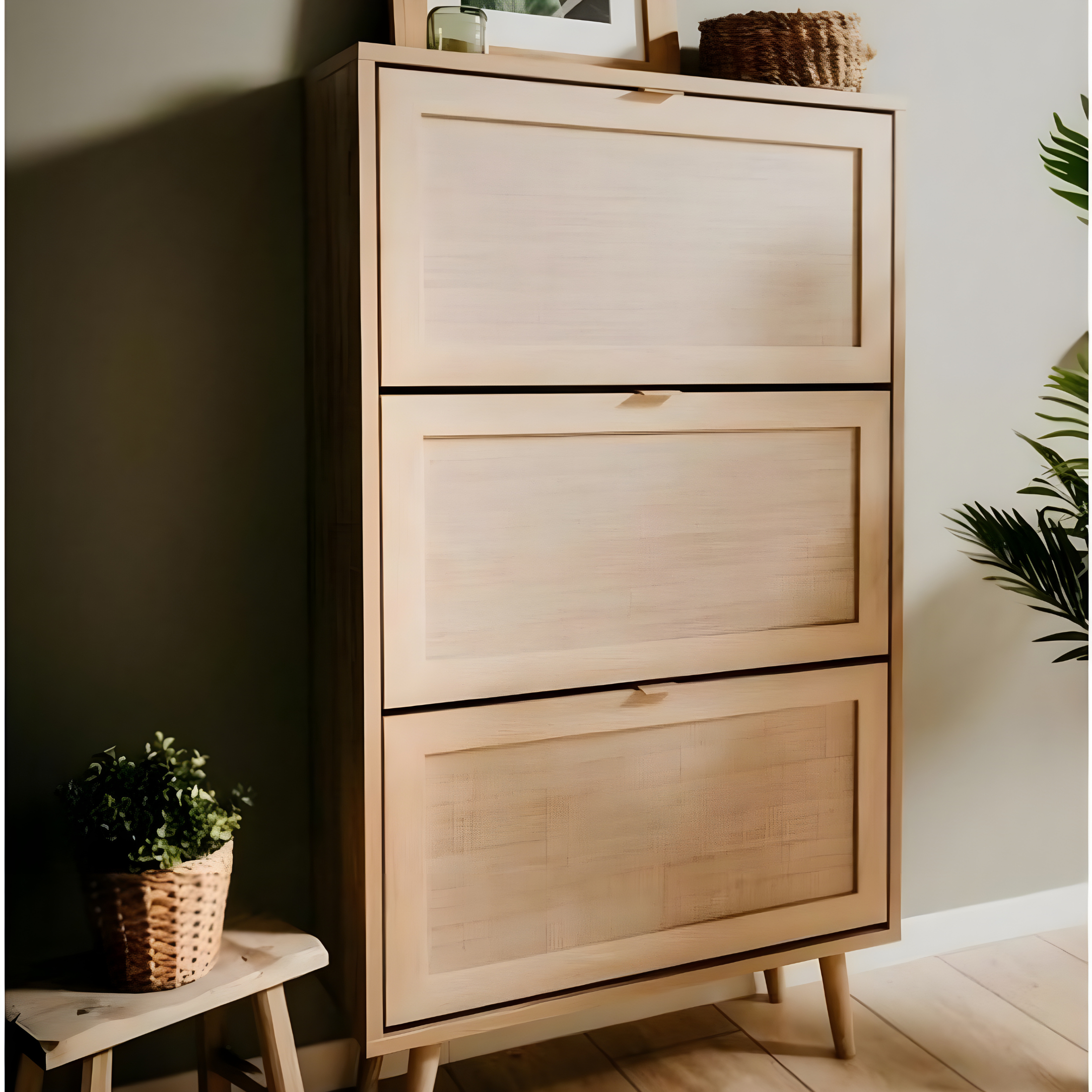 Space-saving shoe rack with 3 drop-down doors, "Bali" wicker effect, double depth