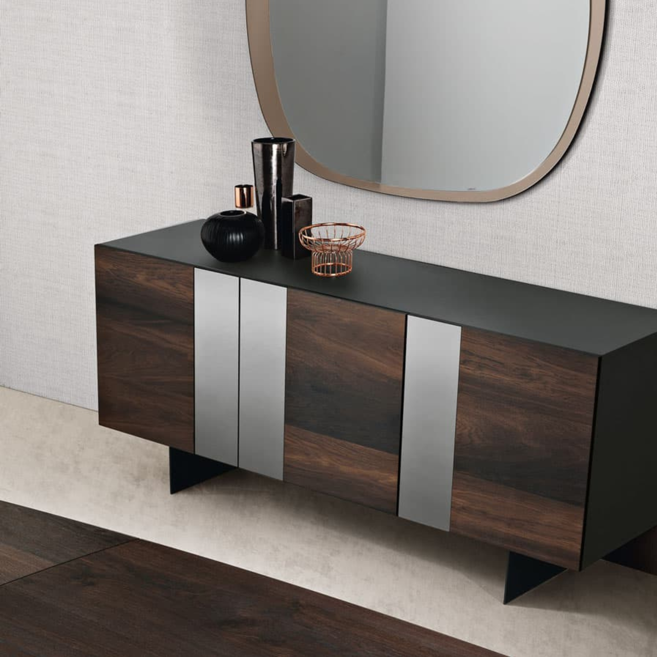 Modern 3-door sideboard "Isabel" already assembled in wood with mirror inserts, 180x50 cm, 80 cm high.