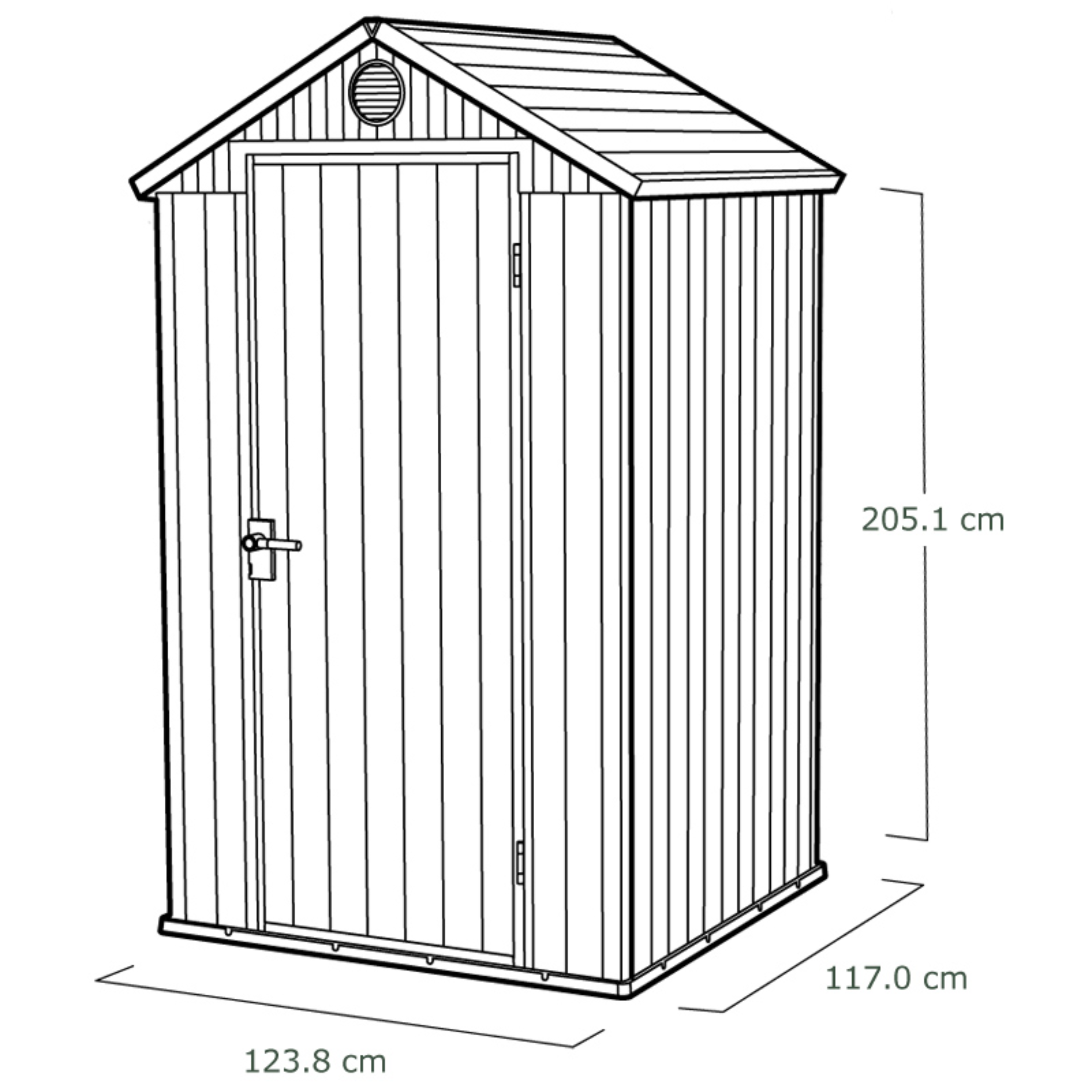 "Serenity" resin garden shed with a green wood-effect shed