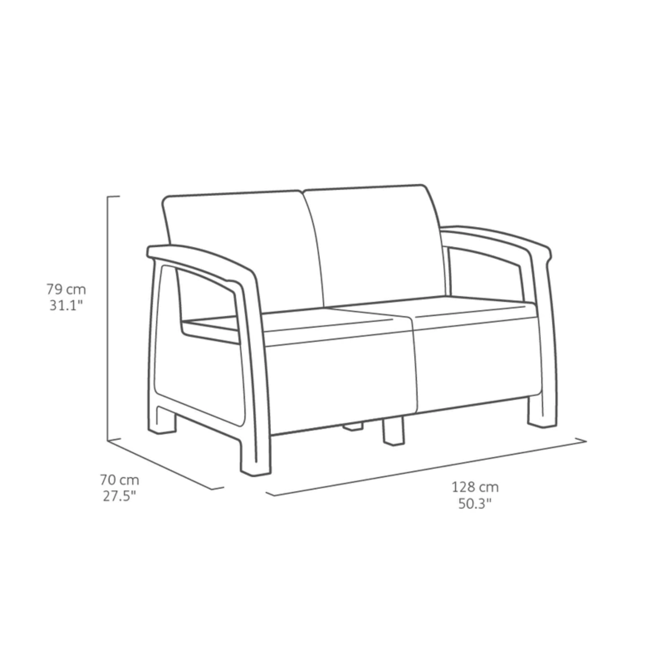 "Corfu" garden lounge set: two-seater sofa, two armchairs, and a coffee table.
