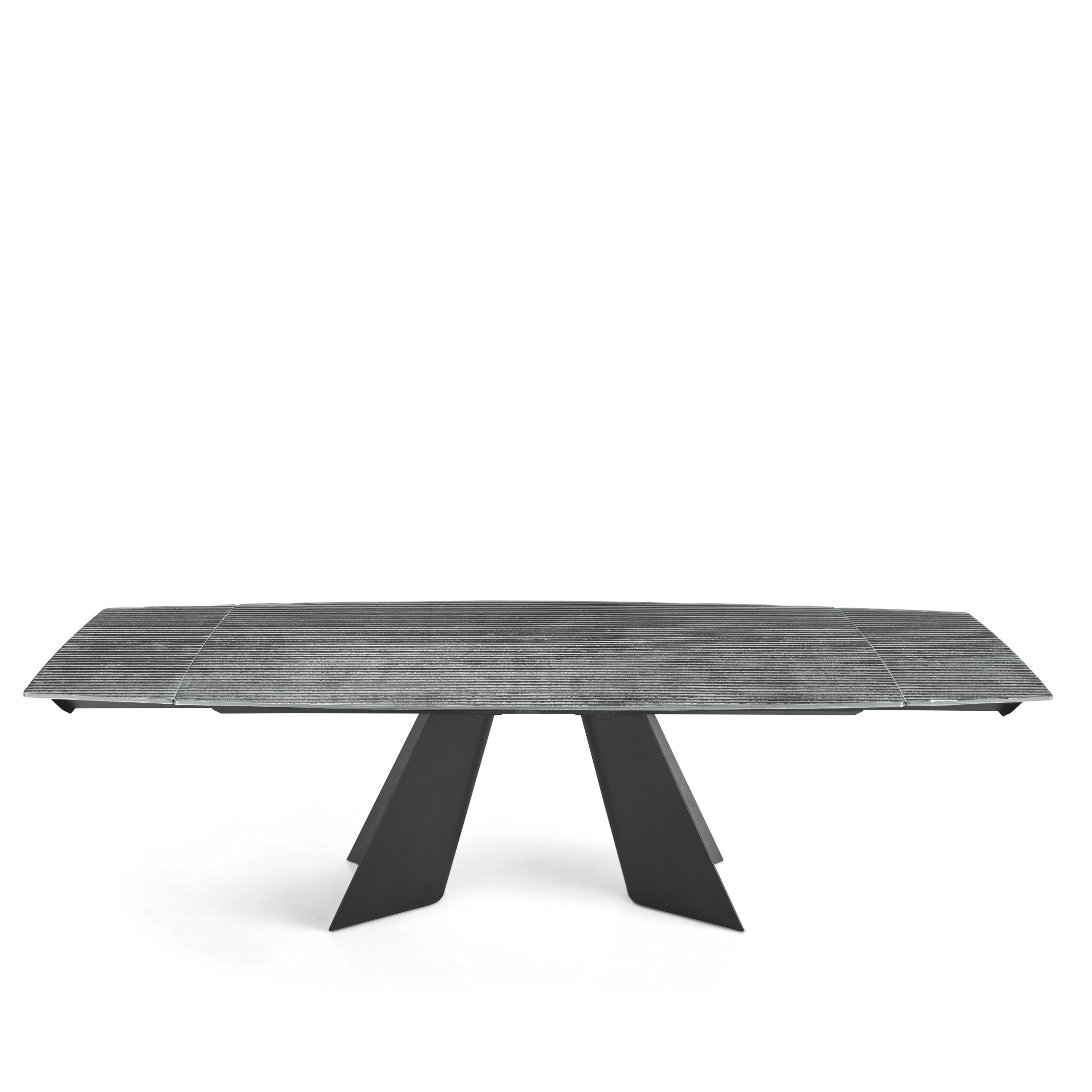 Extendable "Maya" modular table in ribbed glass with back-silvered finish and metal base, 200/286x100 cm, 77 cm high