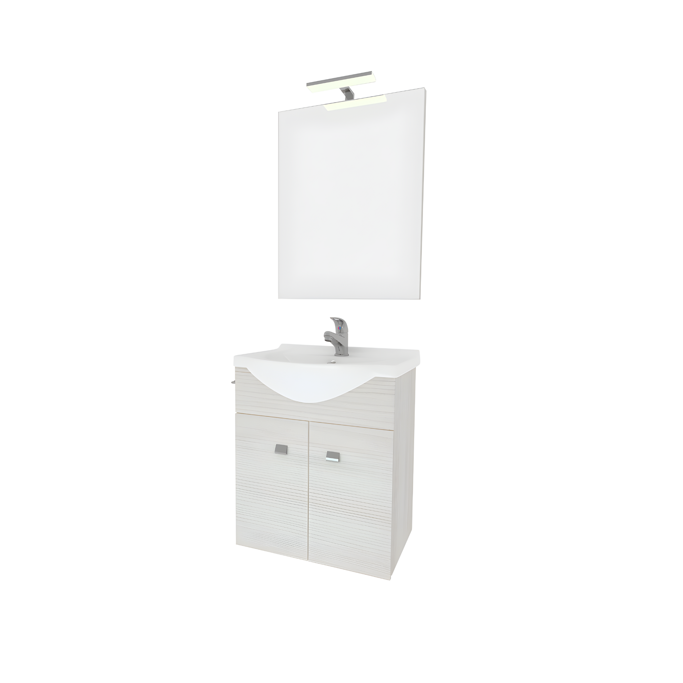 "Moa55" wall-hung bathroom cabinet with console sink and doors with chrome handles and LED mirror