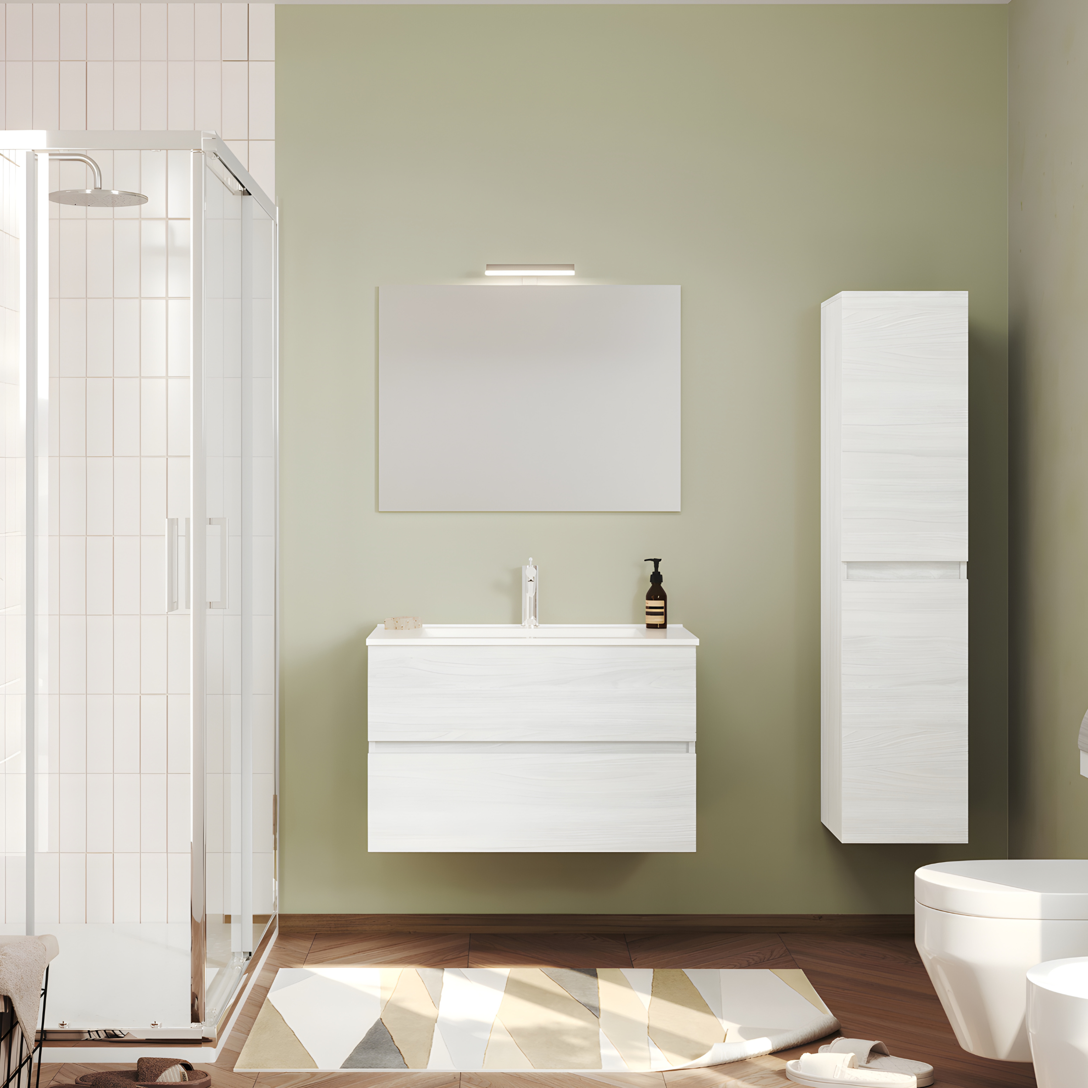 Modern wall-hung bathroom furniture "Tara" with 2 drawers, built-in sink and LED mirror
