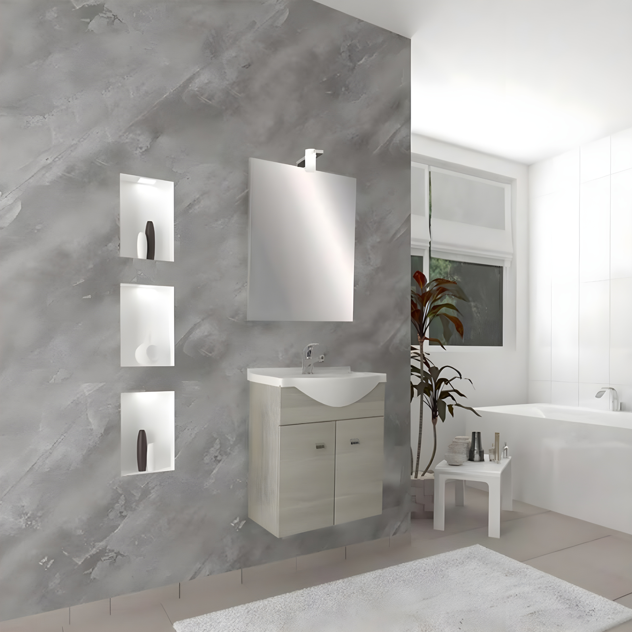 "Moa55" wall-hung bathroom cabinet with console sink and doors with chrome handles and LED mirror