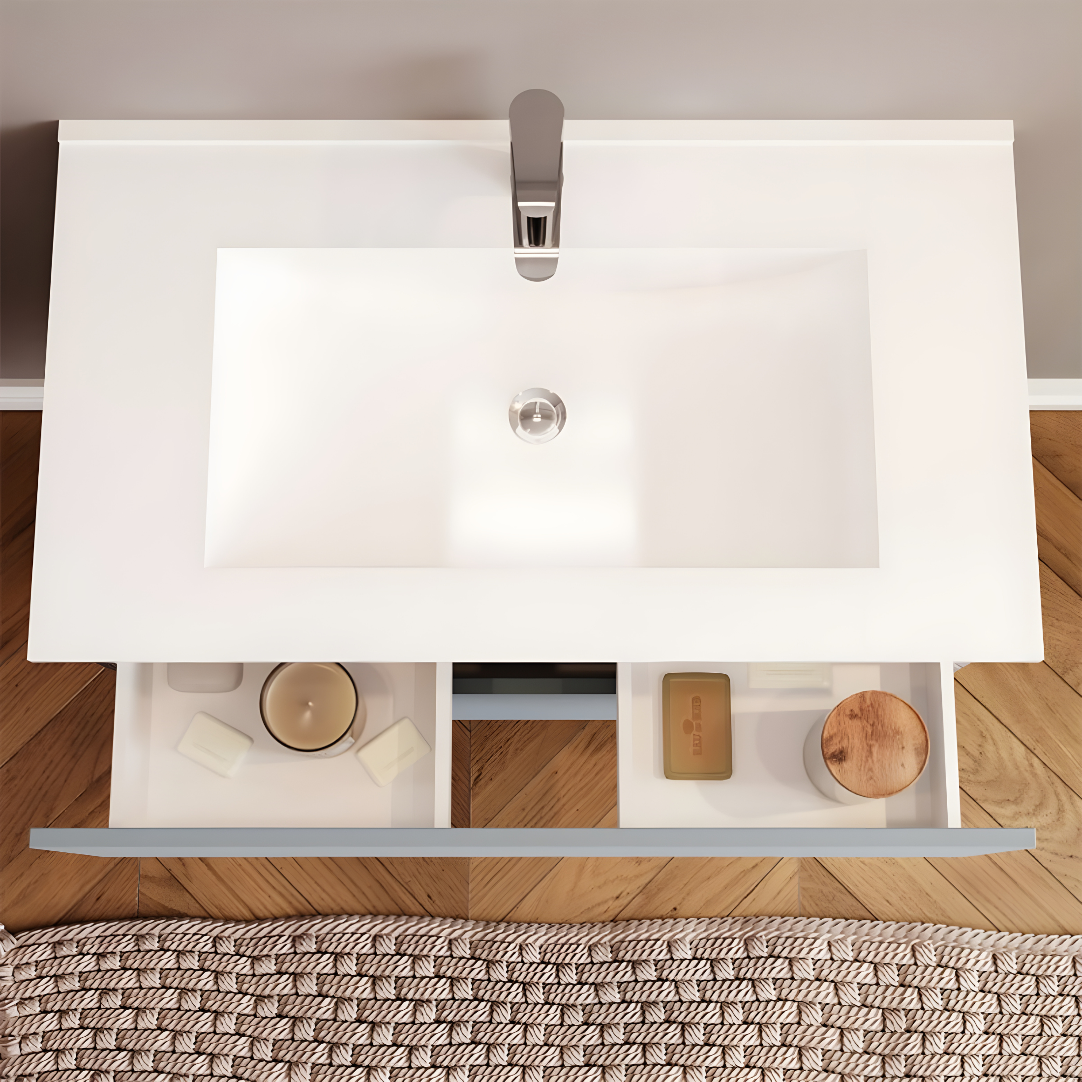 "Rhovan" bathroom cabinet with base, sink and LED mirror
