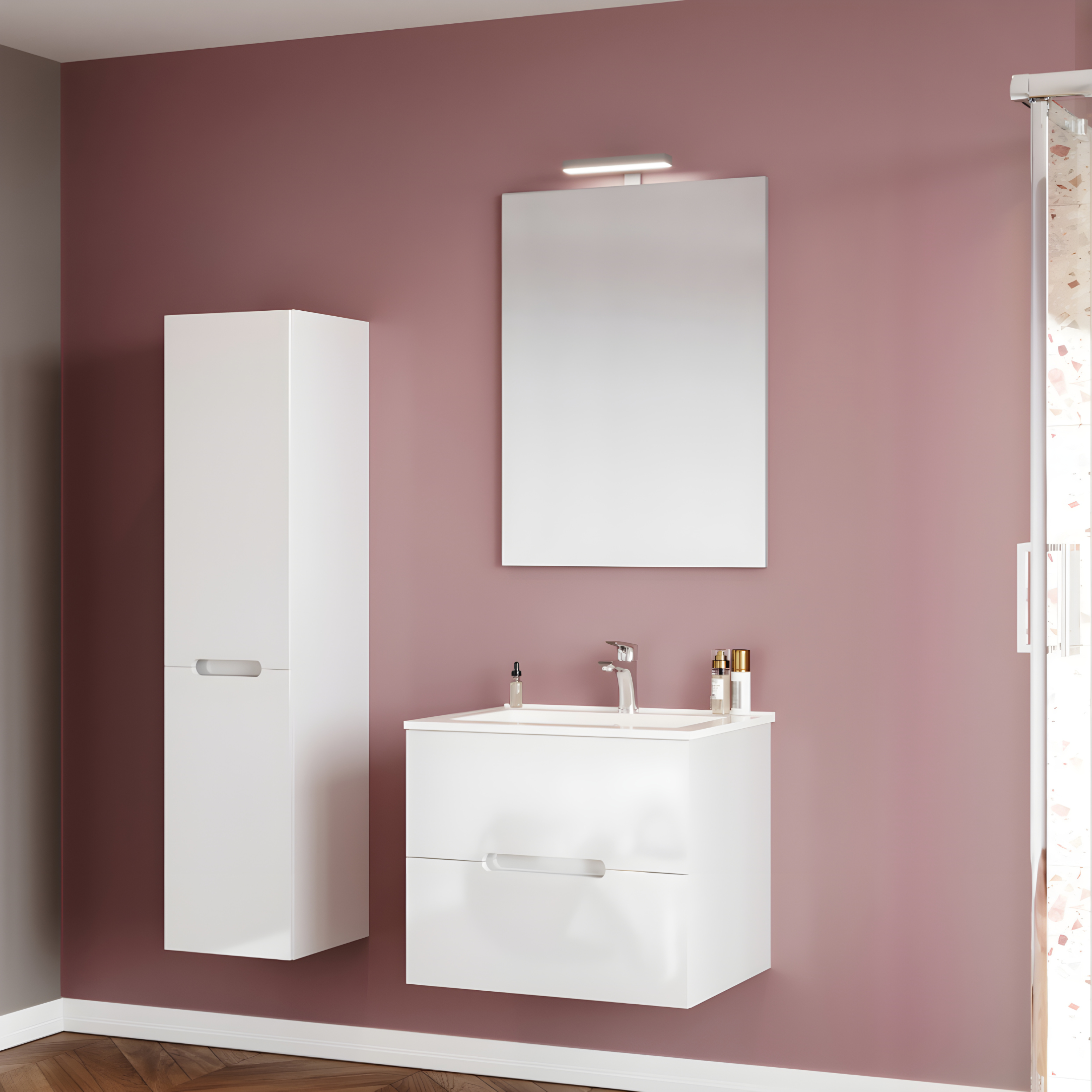 "Rhovan" bathroom column with glass shelves and two reversible doors, 34x36 cm, 140 cm high