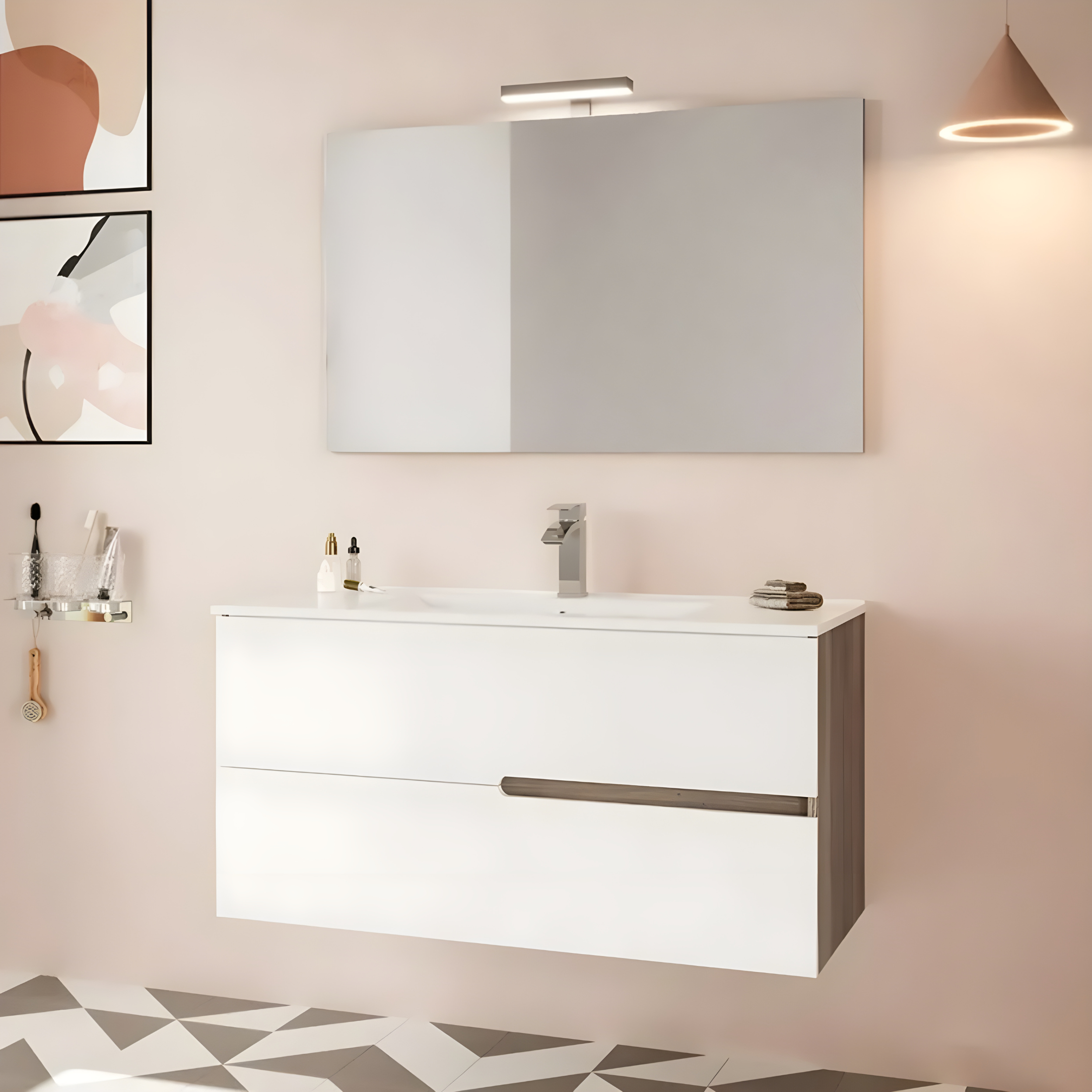"Sara" modern wall-hung wooden bathroom cabinet with 2 sink drawers and LED mirror