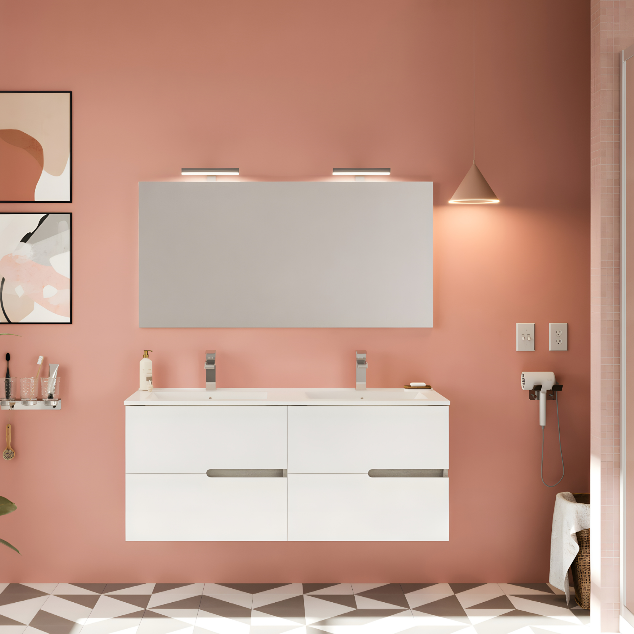 "Sara" modern wall-hung wooden bathroom cabinet with 2 sink drawers and LED mirror