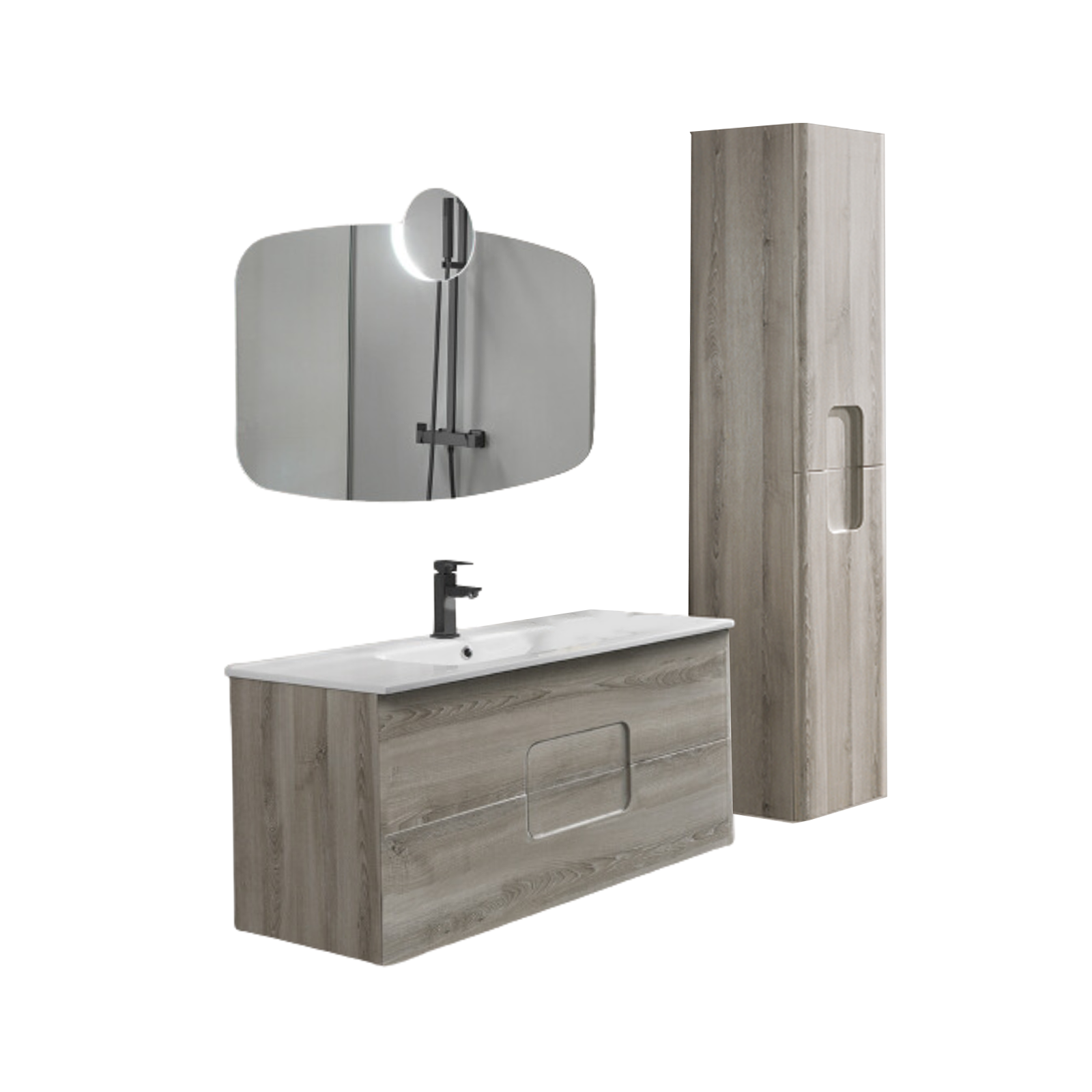 "Jenna120" wall-hung bathroom cabinet with 2 drawers, sink, and mirror, with column