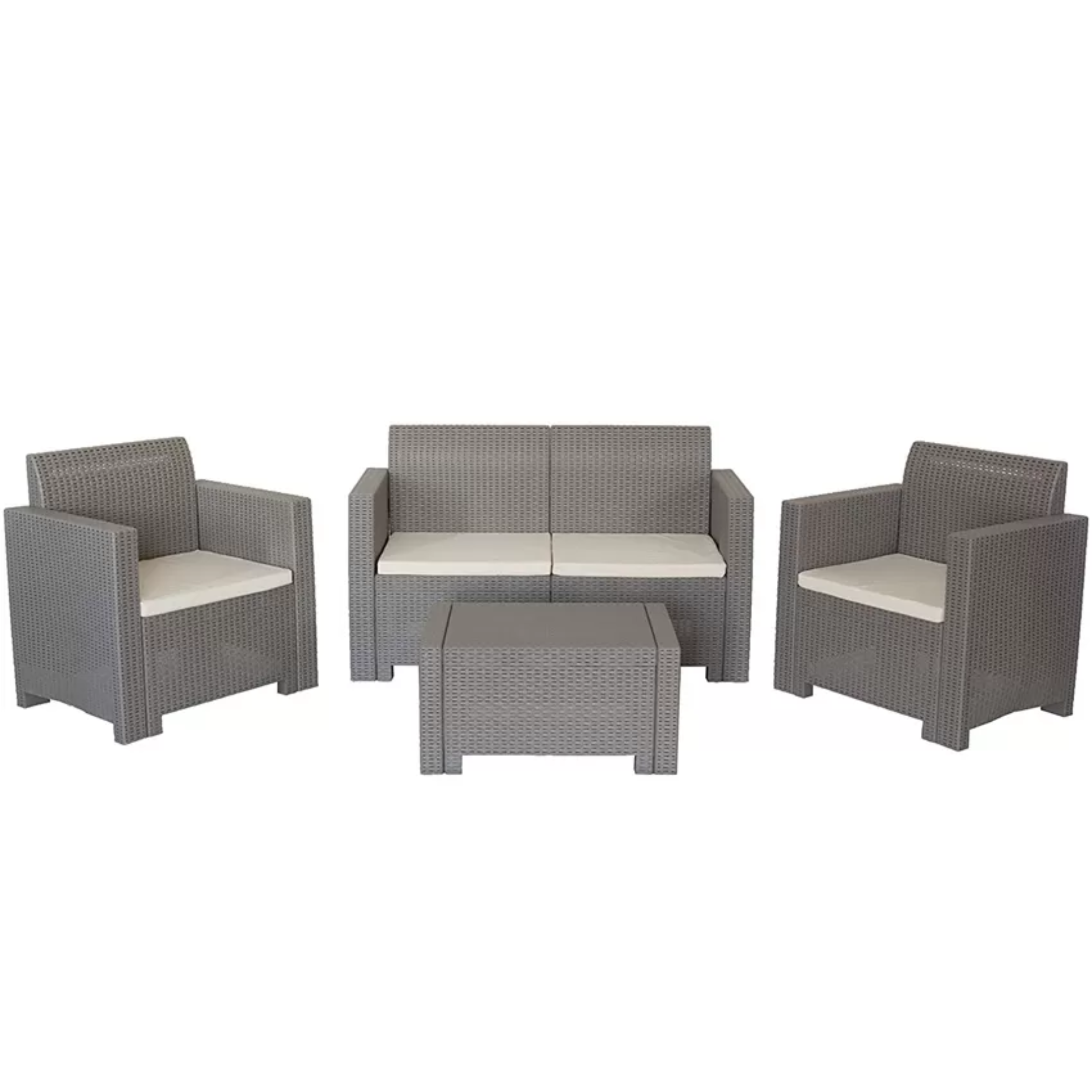 "Nebraska II" garden lounge set in rattan resin, coffee table + sofa + 2 armchairs with cushions